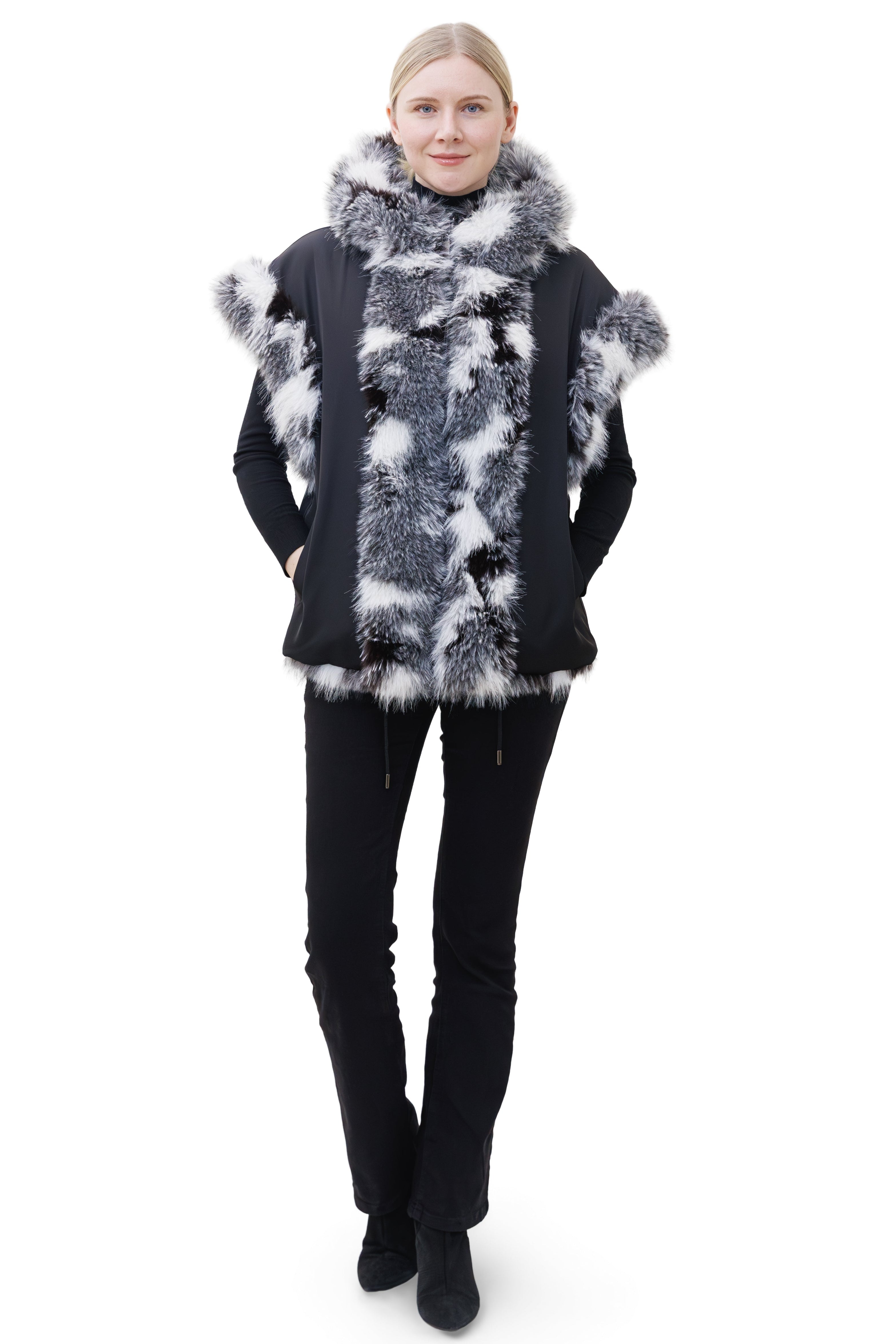 Killarney- Reversible Nylon & Faux Fox Hooded Drawstring Vest