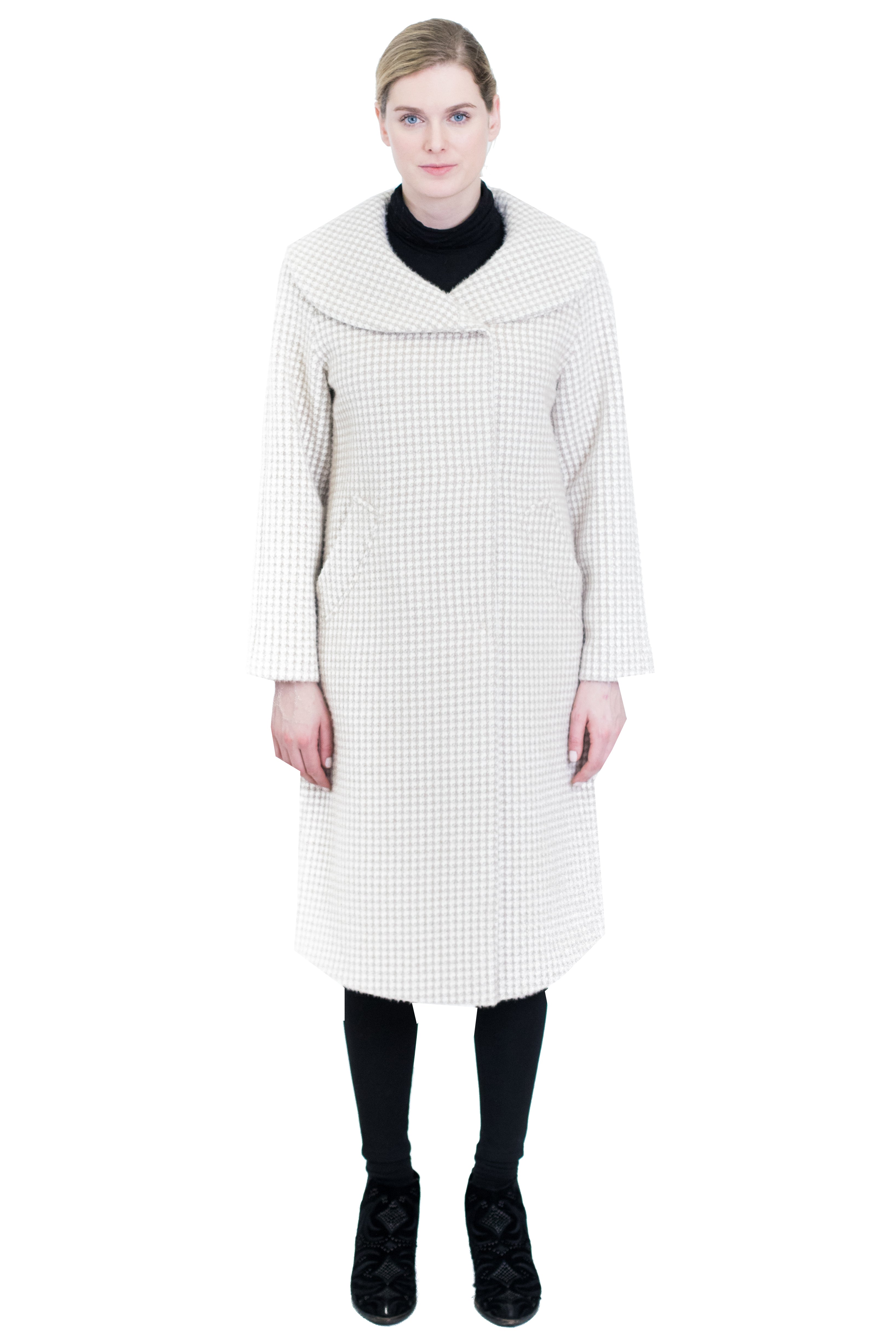 Houndstooth Print Coat with Round Collar
