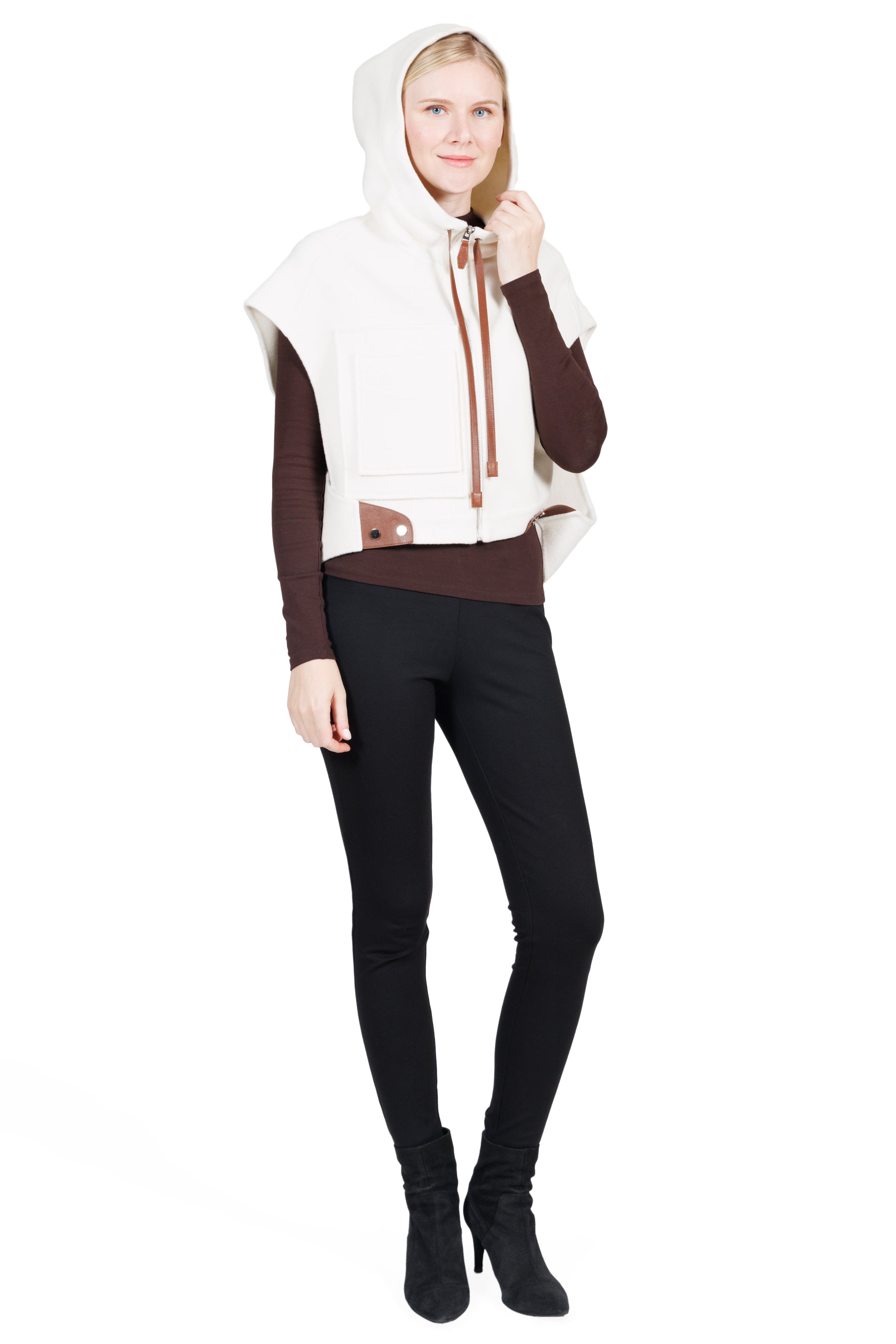 Courchevel- Wool & Cashmere Hooded Cropped Vest with Leather Trim