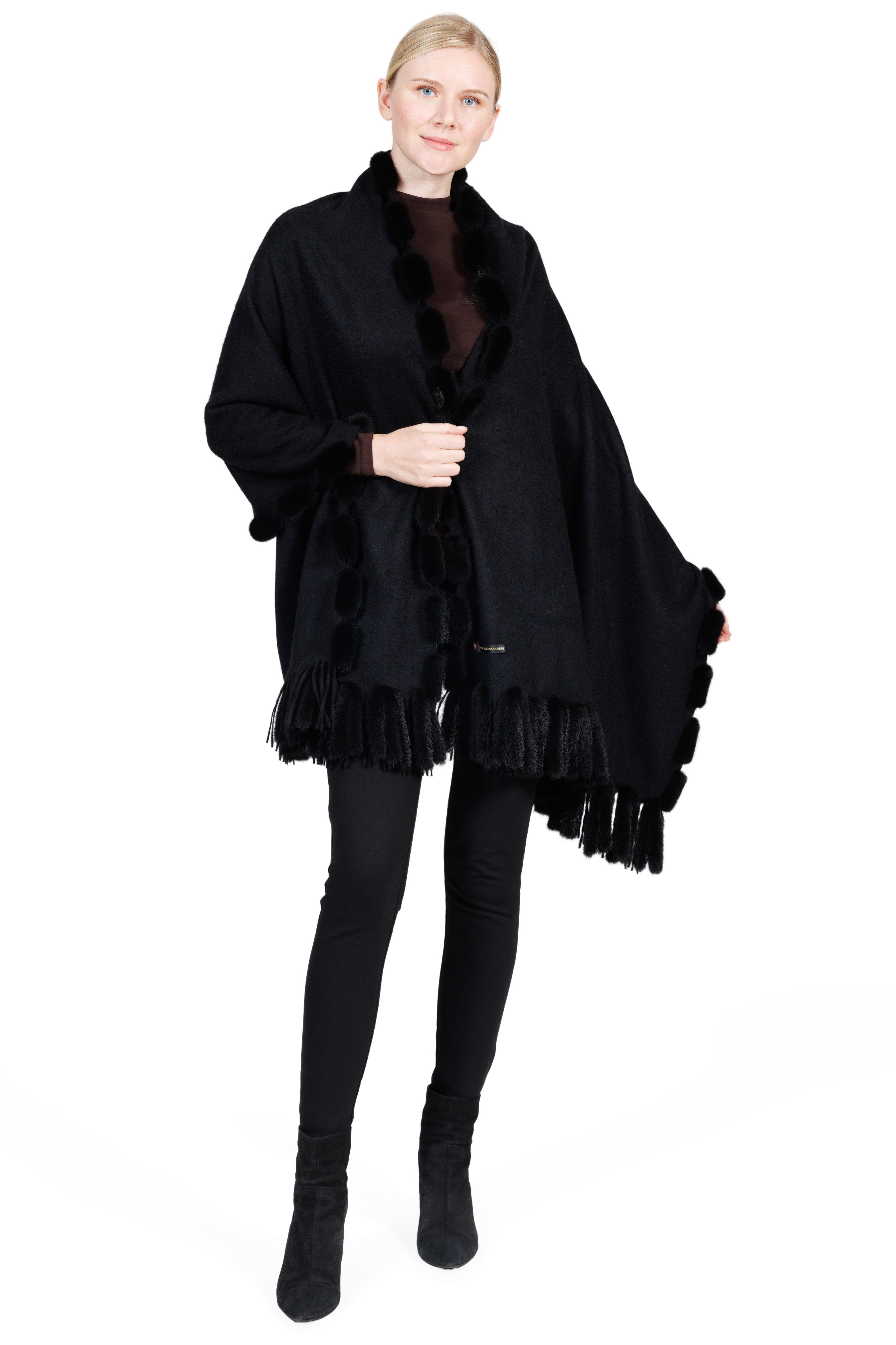WILTON - 100% Cashmere Wrap with Mink Trim and Fringe