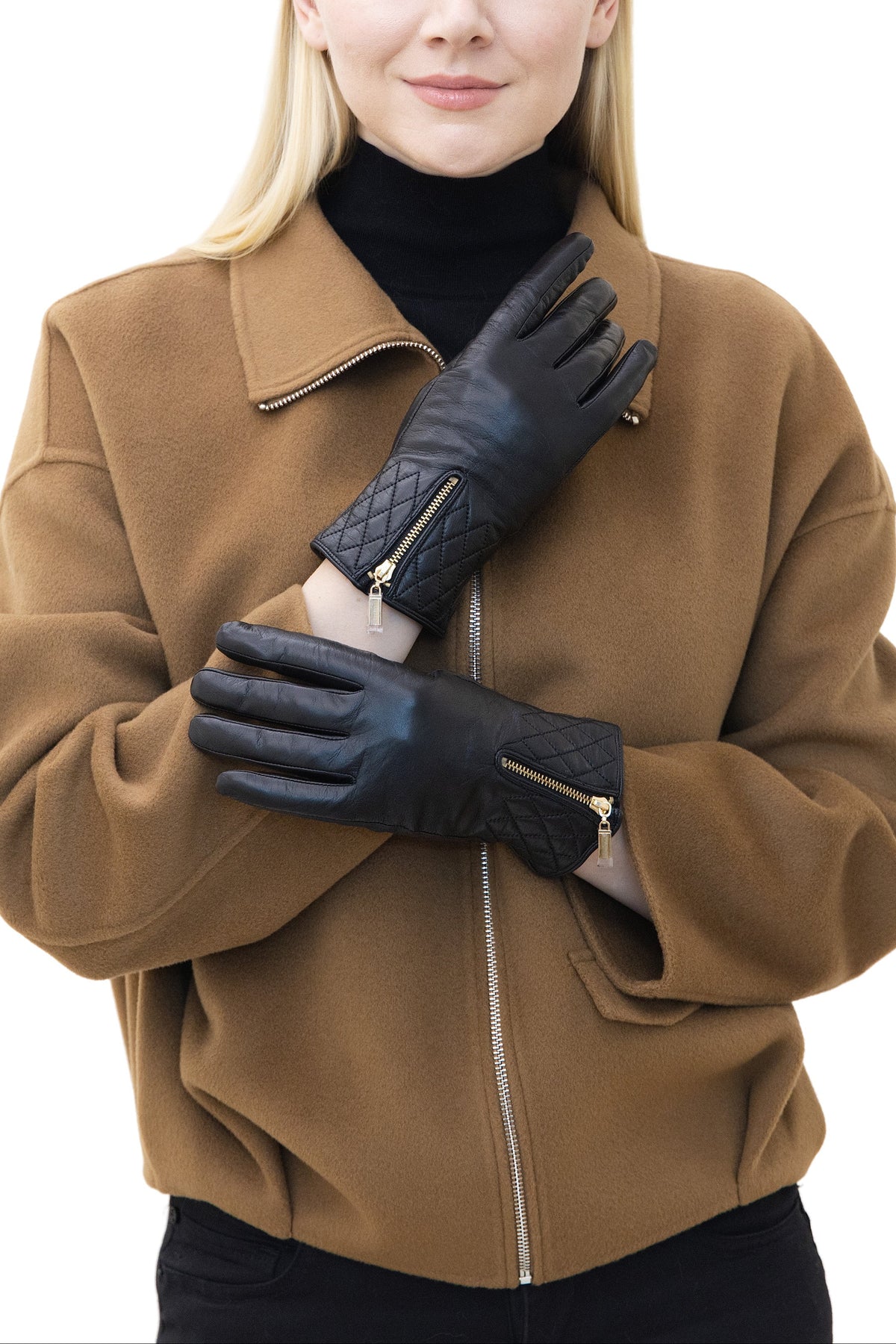 VAREL - Short Leather Gloves with Zipper Detailing