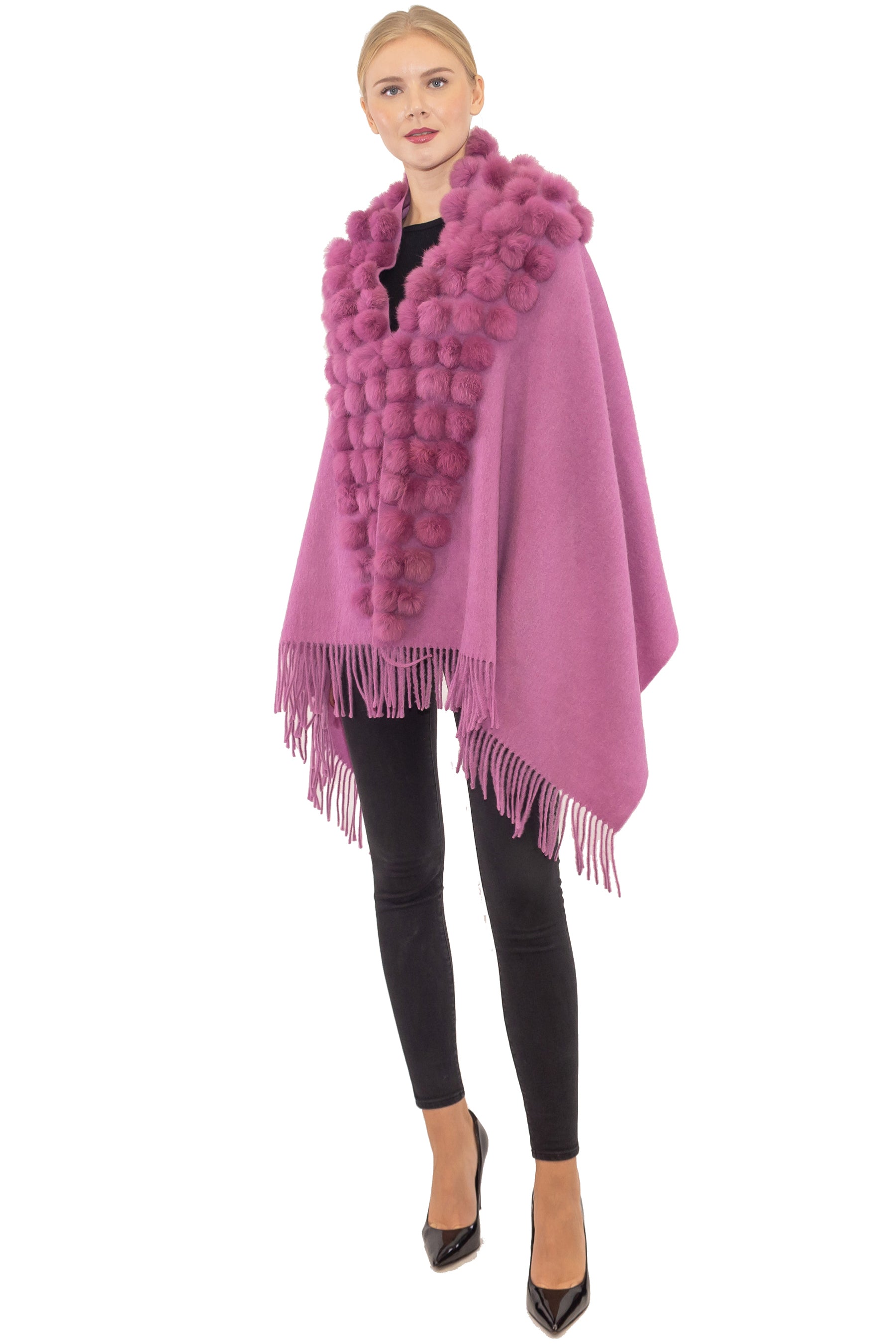 Marbella- Wool blend wrap with rabbit pom pom details