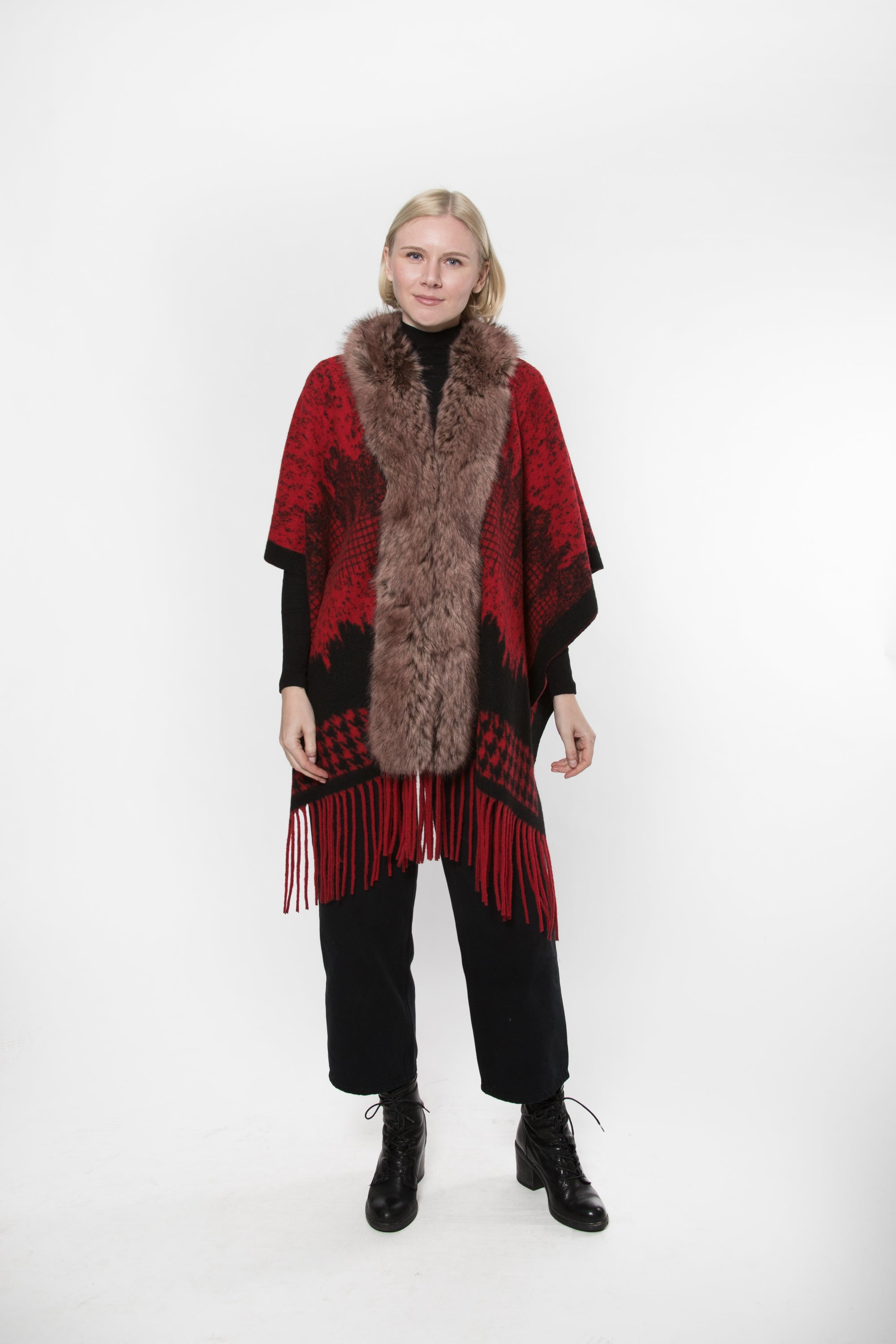 Cashmere Blend Wrap with Faux Fur Trim and Fringes