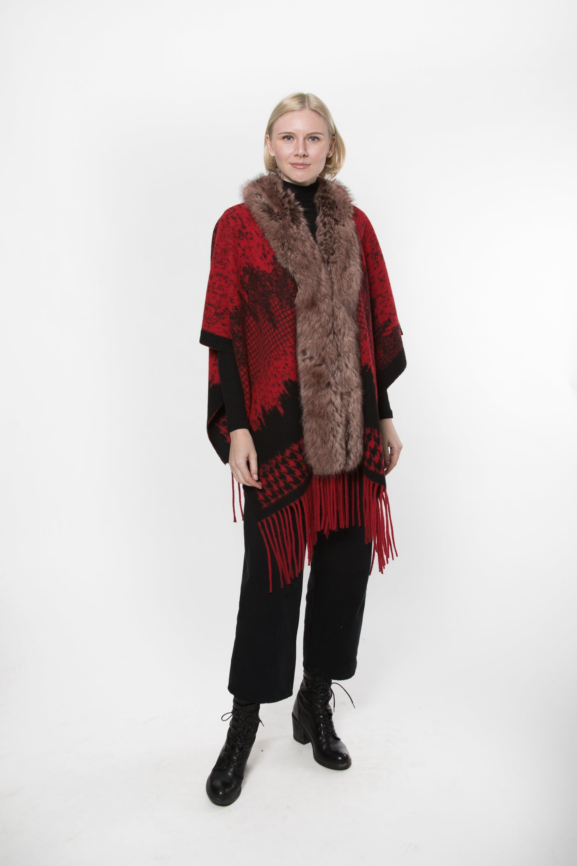 Cashmere Blend Wrap with Faux Fur Trim and Fringes
