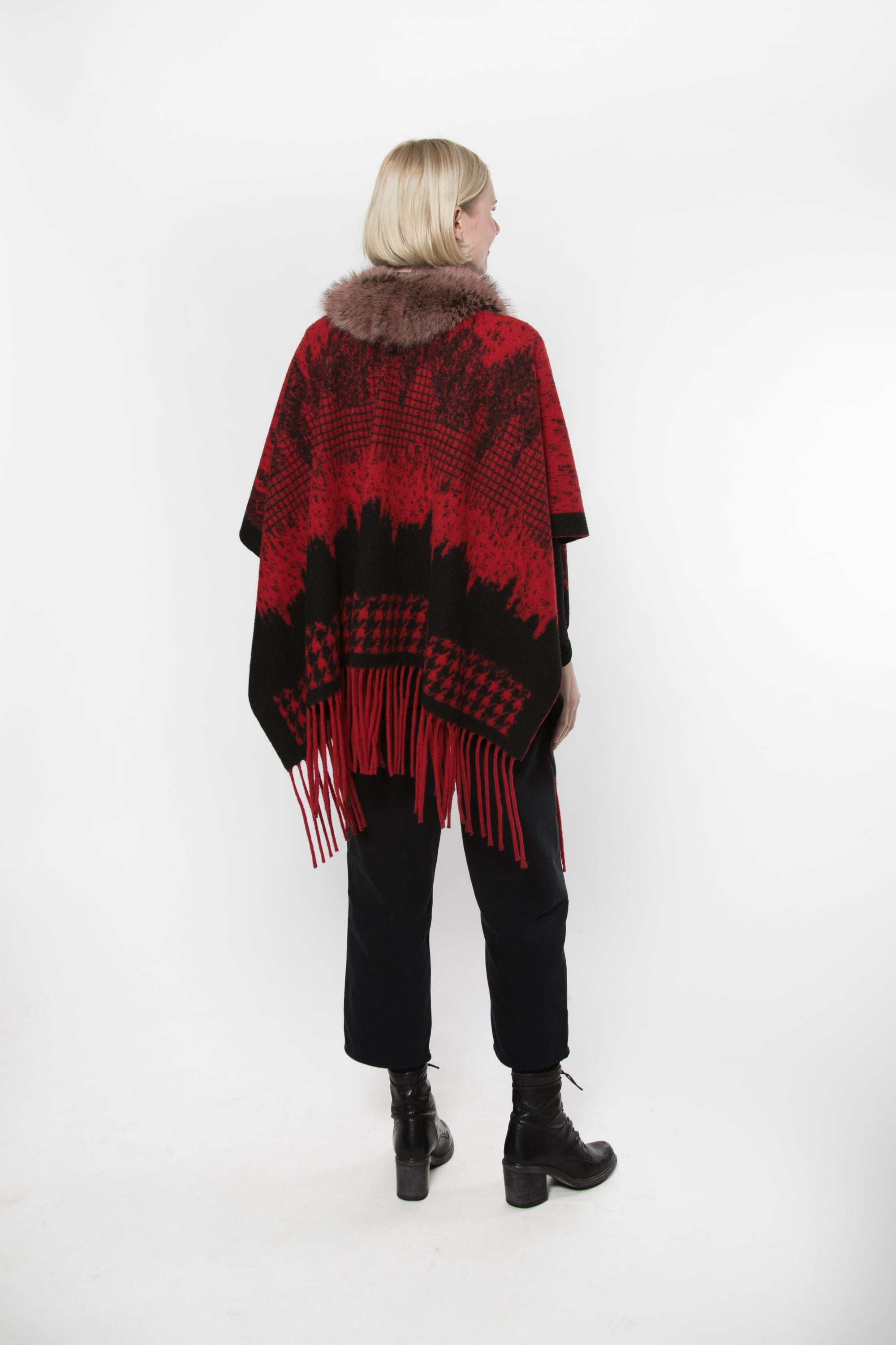 Cashmere Blend Wrap with Faux Fur Trim and Fringes