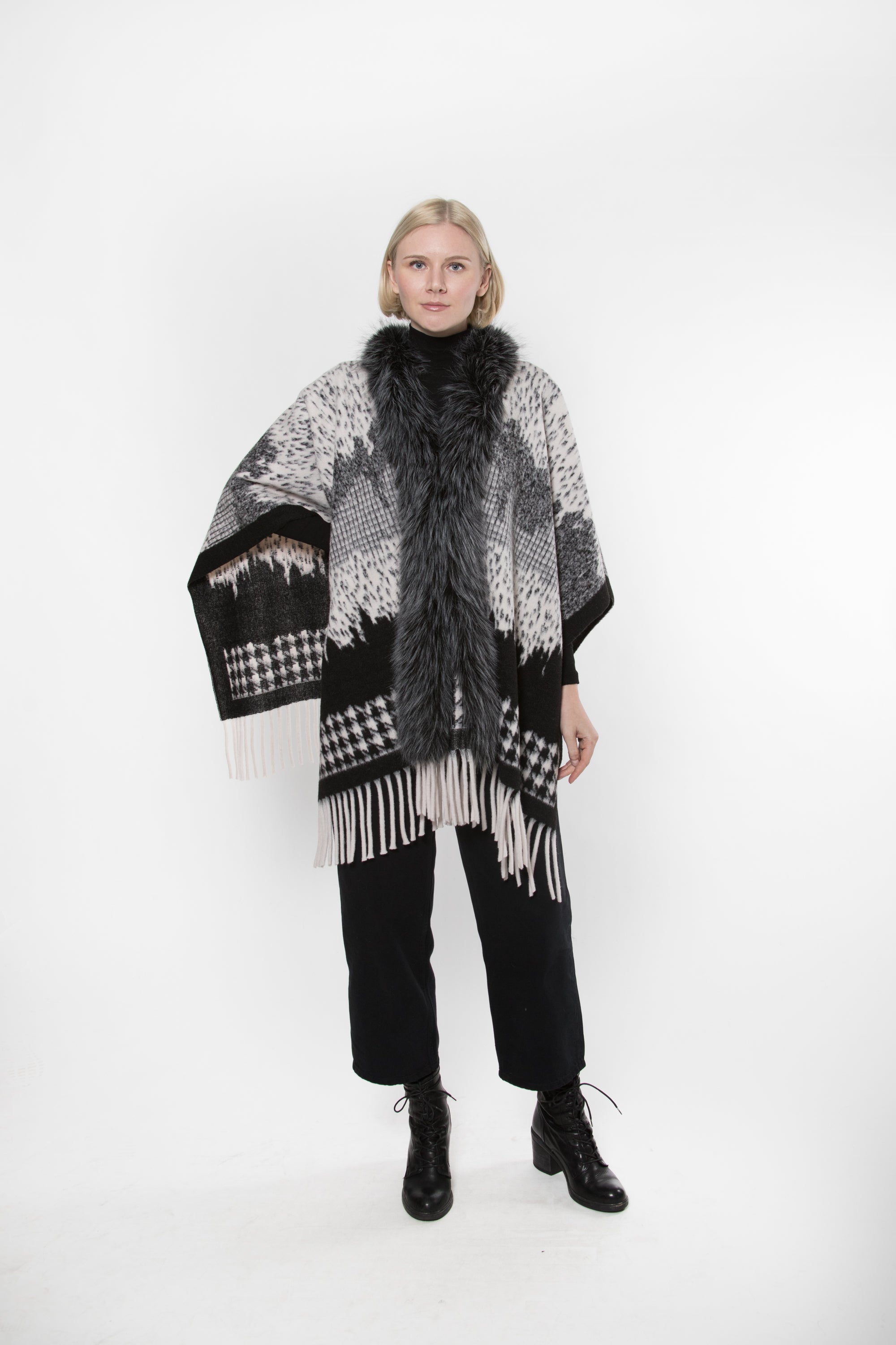 Cashmere Blend Wrap with Faux Fur Trim and Fringes