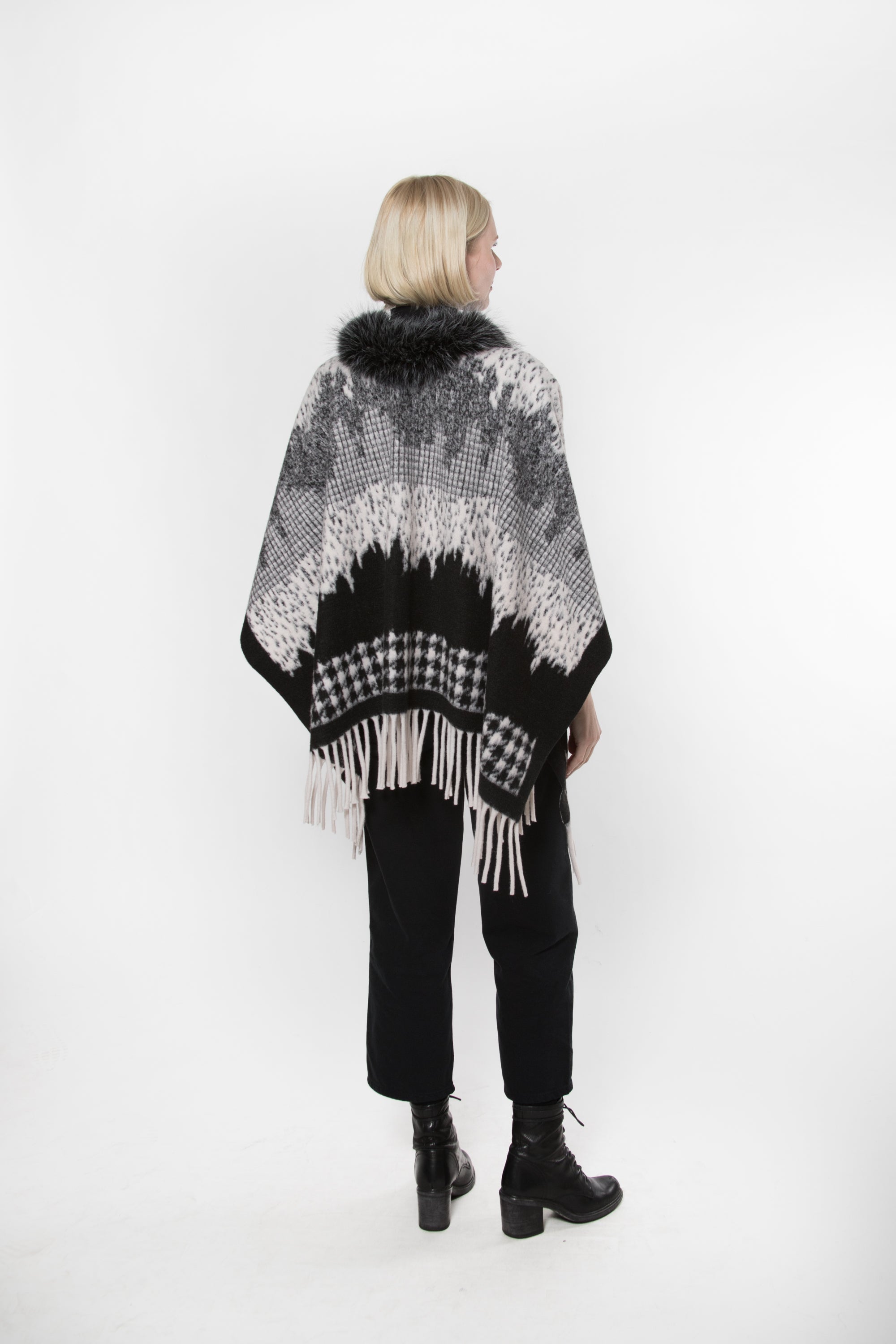 Cashmere Blend Wrap with Faux Fur Trim and Fringes
