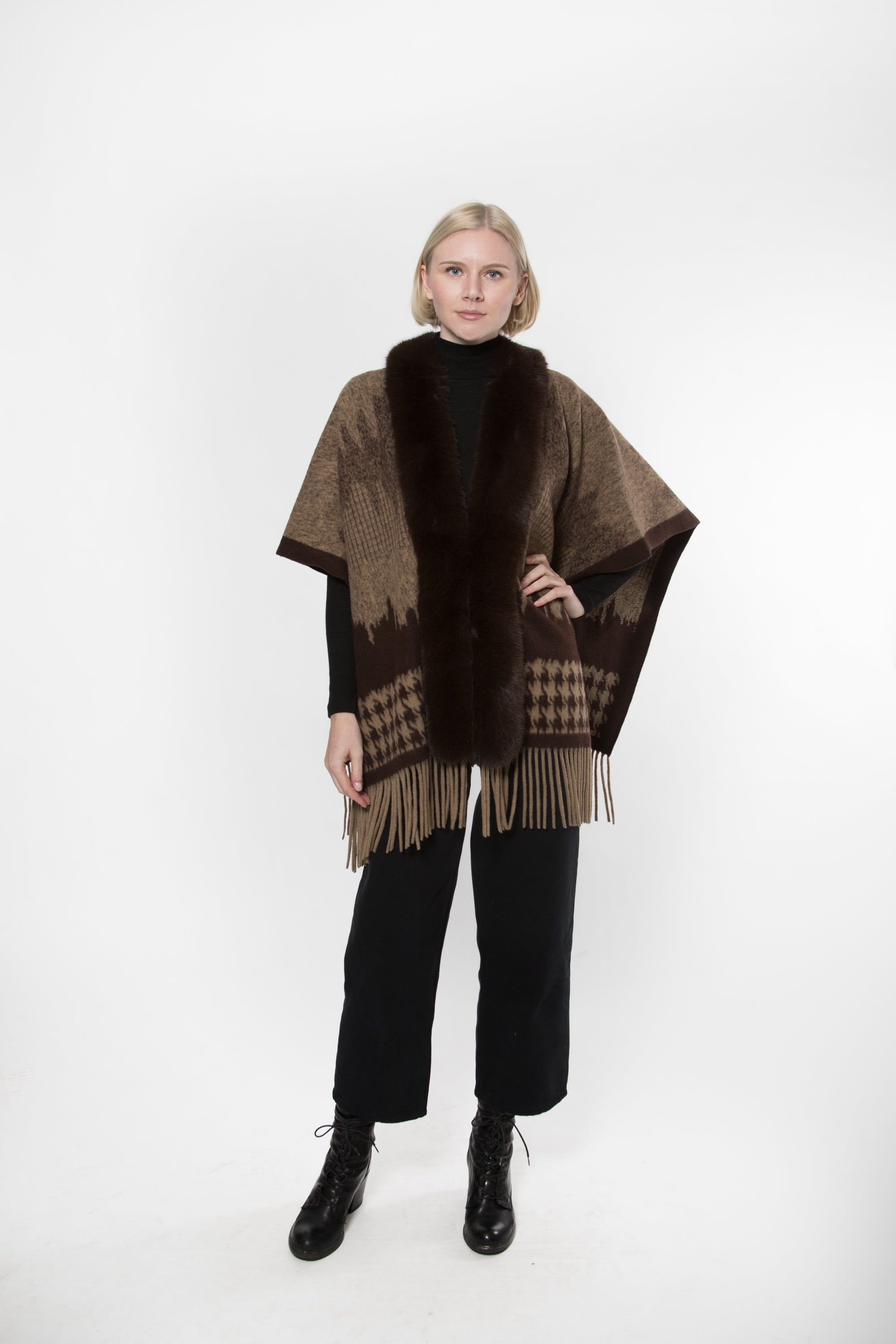 Cashmere Blend Wrap with Faux Fur Trim and Fringes