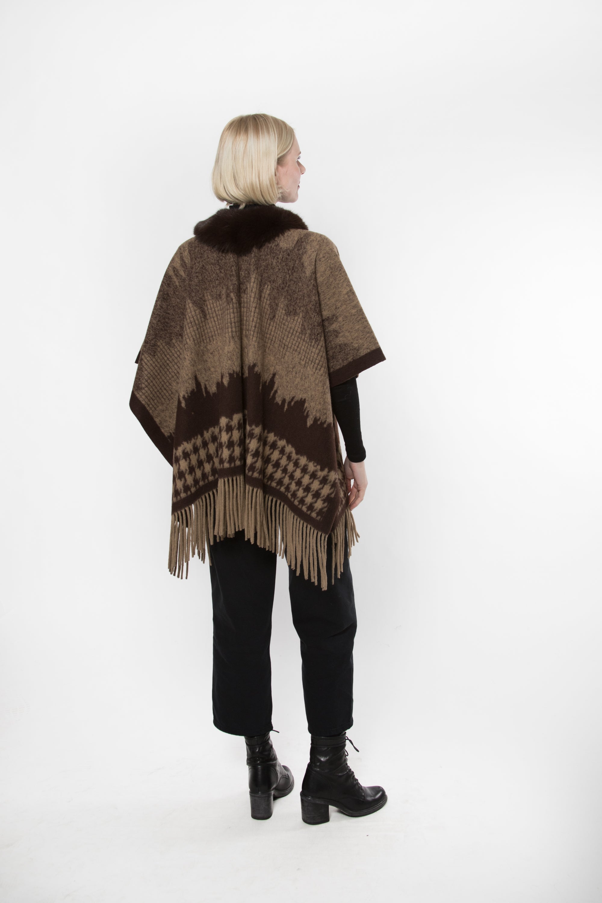 Cashmere Blend Wrap with Faux Fur Trim and Fringes