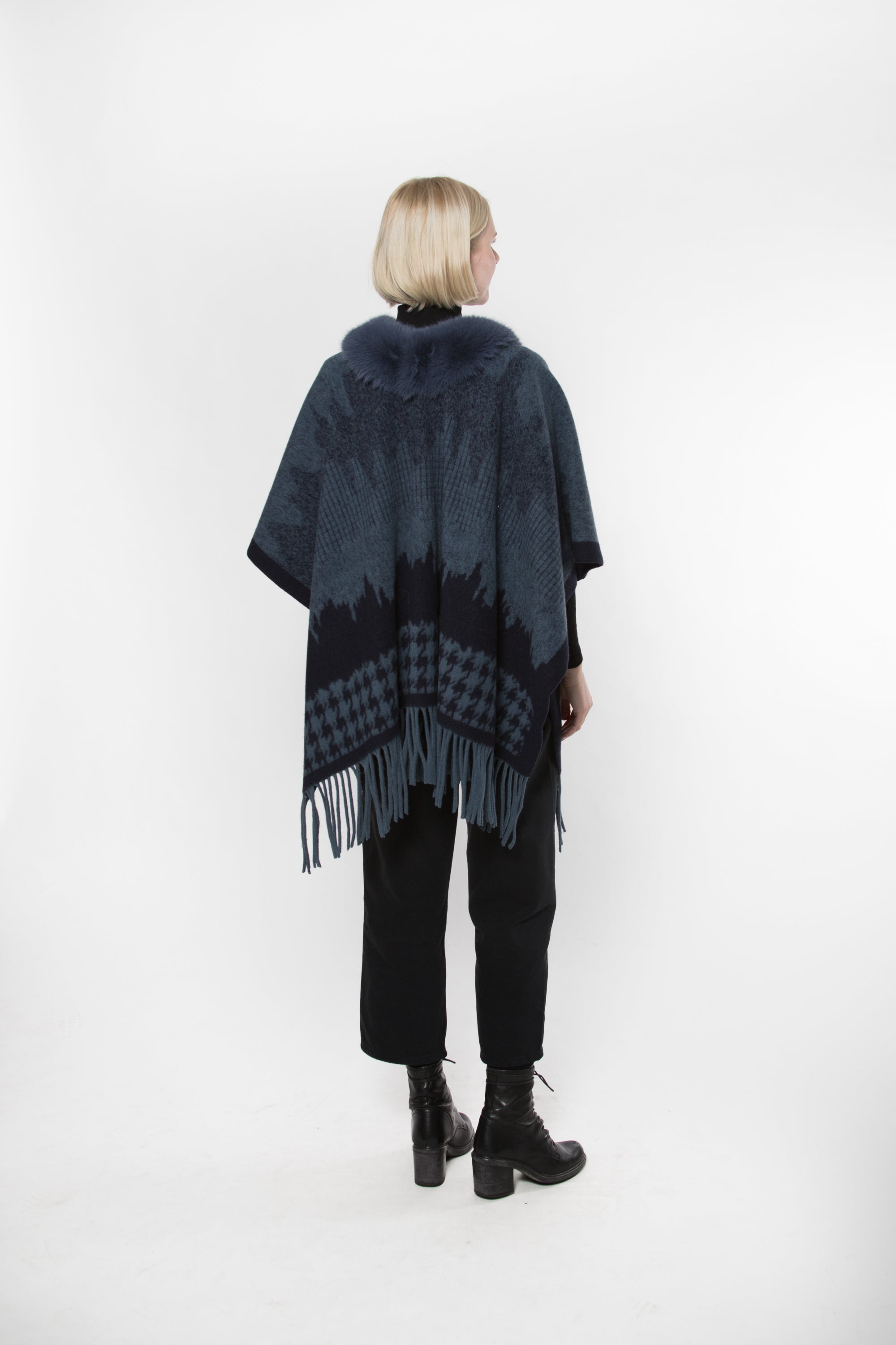 Cashmere Blend Wrap with Faux Fur Trim and Fringes