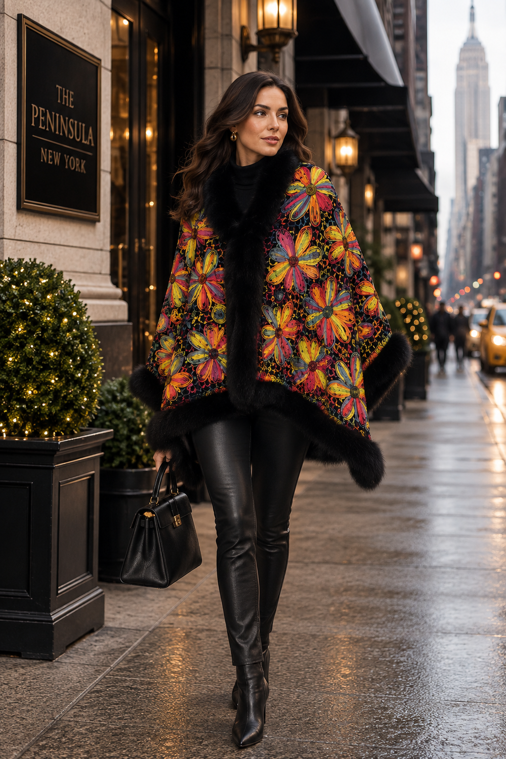 SAYDA - Knitted Silk Design Cape with Fox Trim