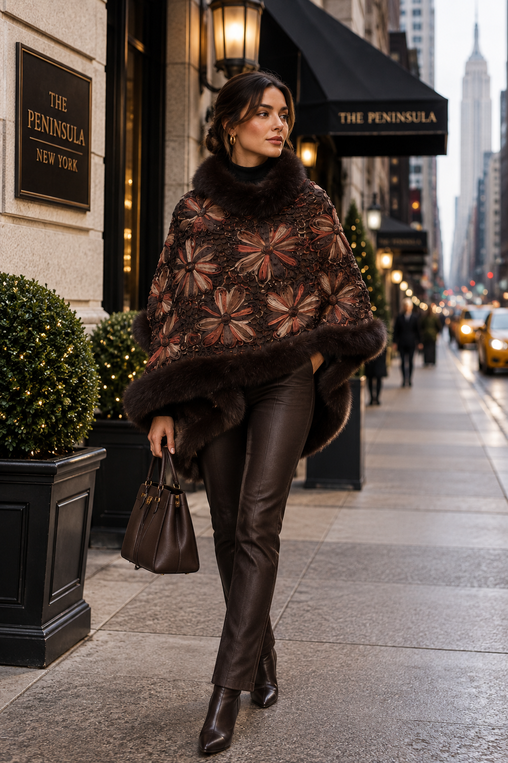 SAYDA - Knitted Silk Design Cape with Fox Trim