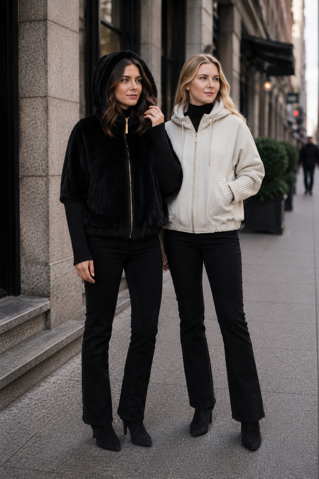 Monaco- Reversible Hooded Faux Fur Bomber Jacket with Ribbed Knit Sleeves