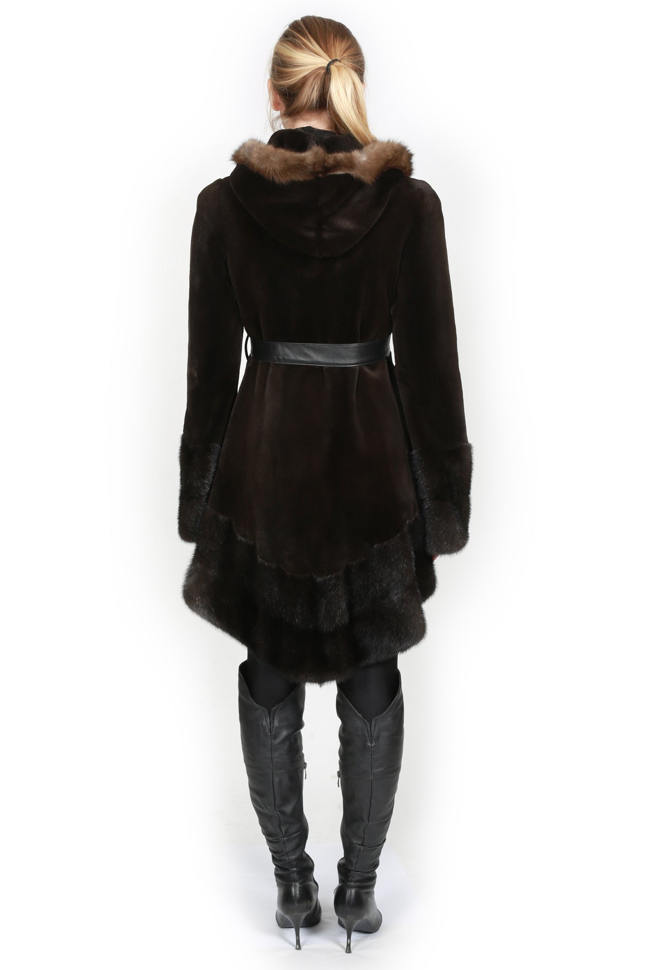 Darkhan- Sheared Mink Coat with Waist Belt and Unsheared Mink Trim