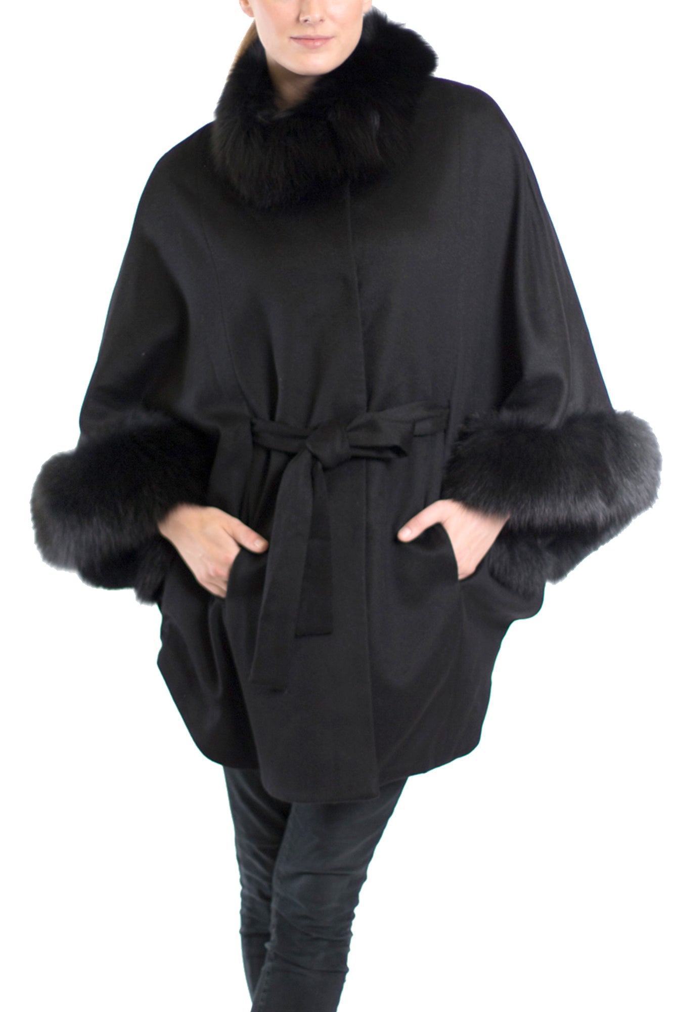 MONTREAL - Cashmere Blend Cape Coat with Fox Collar and Cuffs