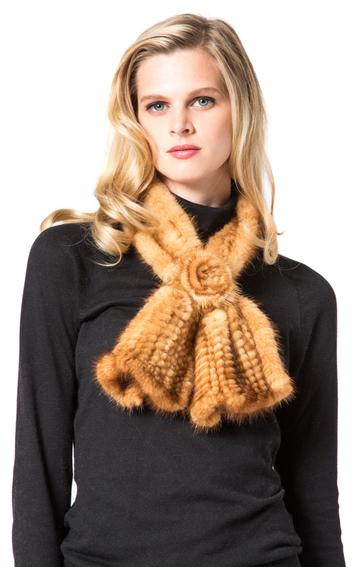 DALTON Knitted Mink Scarf with Ruffles and Rose