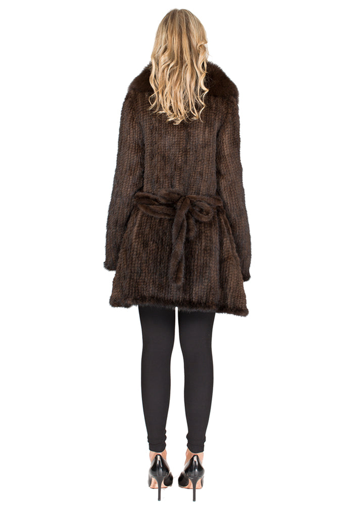 JILIN - Knitted Mink Wrap Coat with Raccoon Collar
