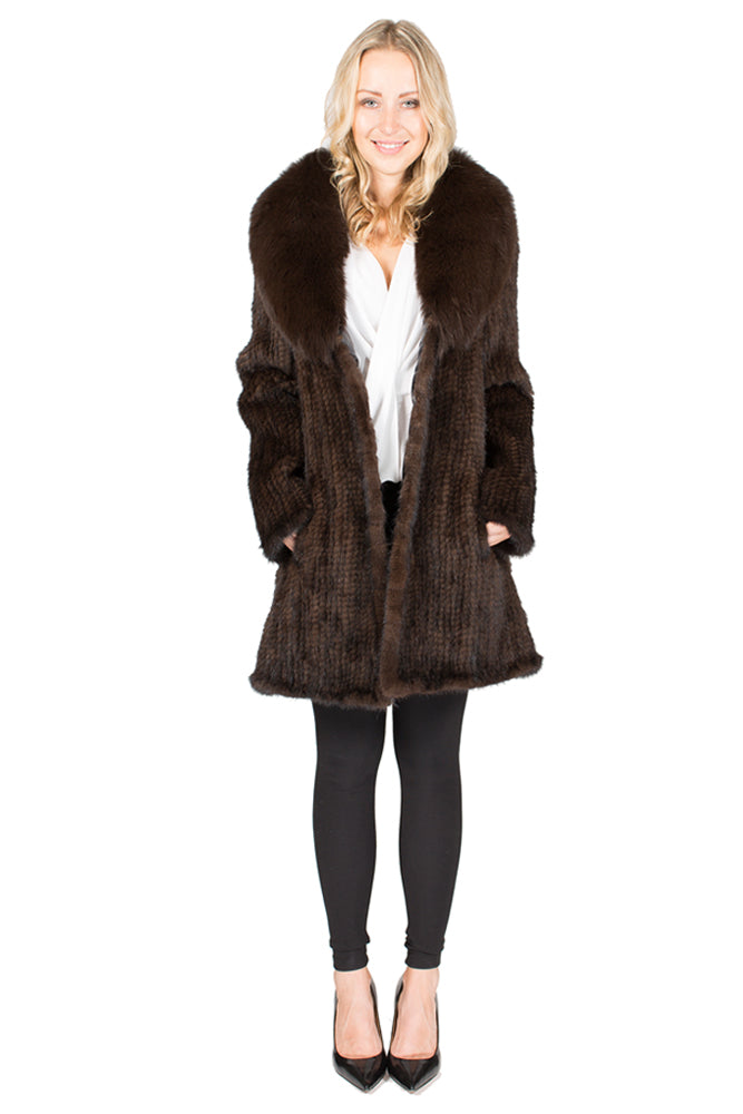 JILIN - Knitted Mink Wrap Coat with Raccoon Collar