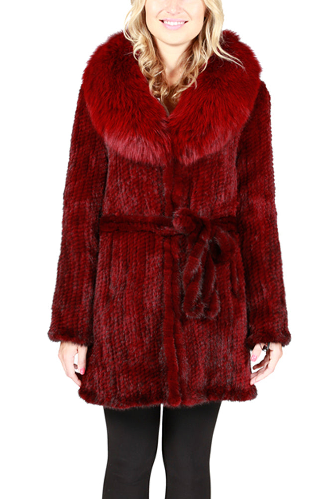 JILIN - Knitted Mink Wrap Coat with Raccoon Collar