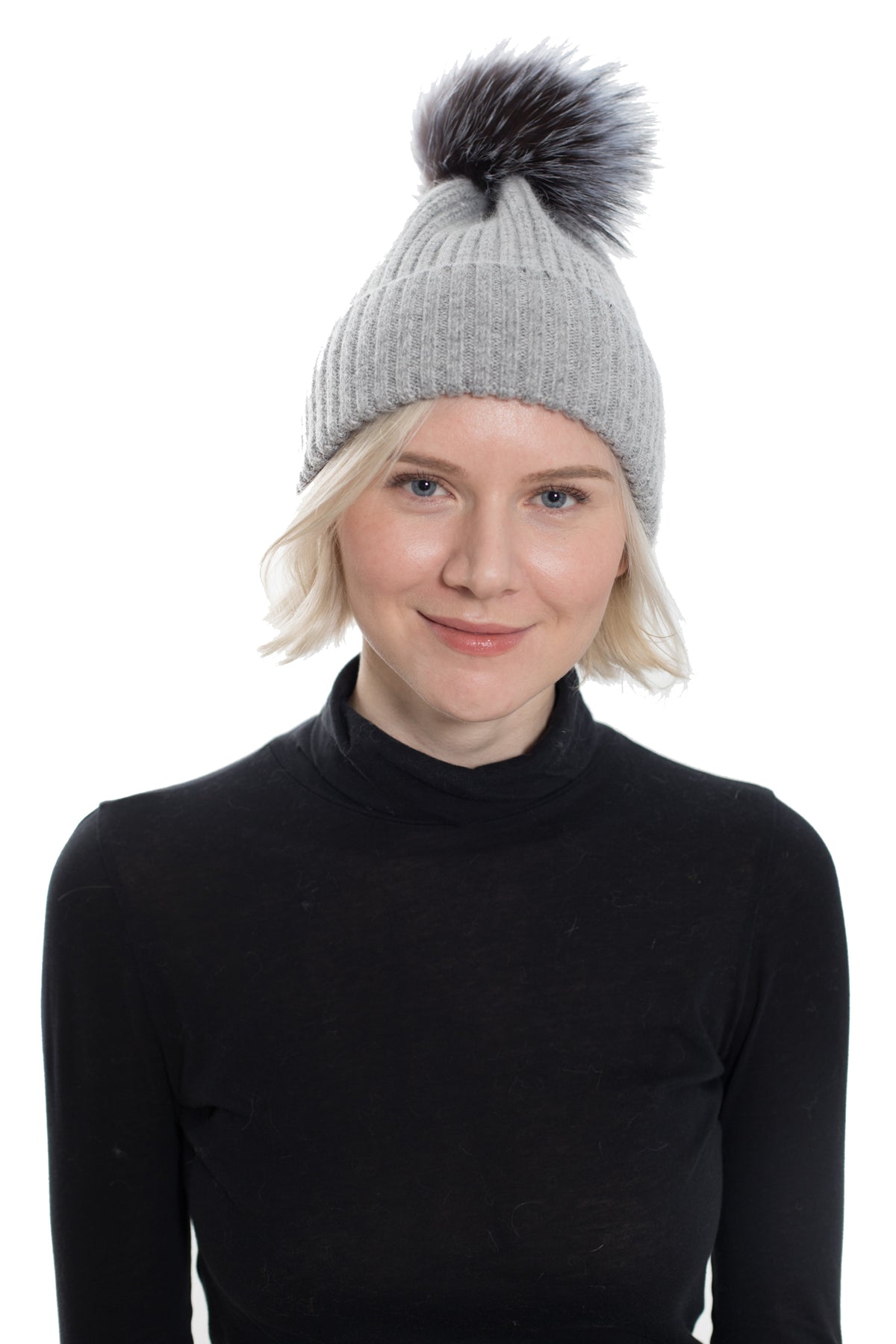 Amicale Cashmere Gray Knit Beanie with Pom-Pom Dark Gray Knit Cashmere Beanie Hat with Fox Fur Pom-Pom  main image 2