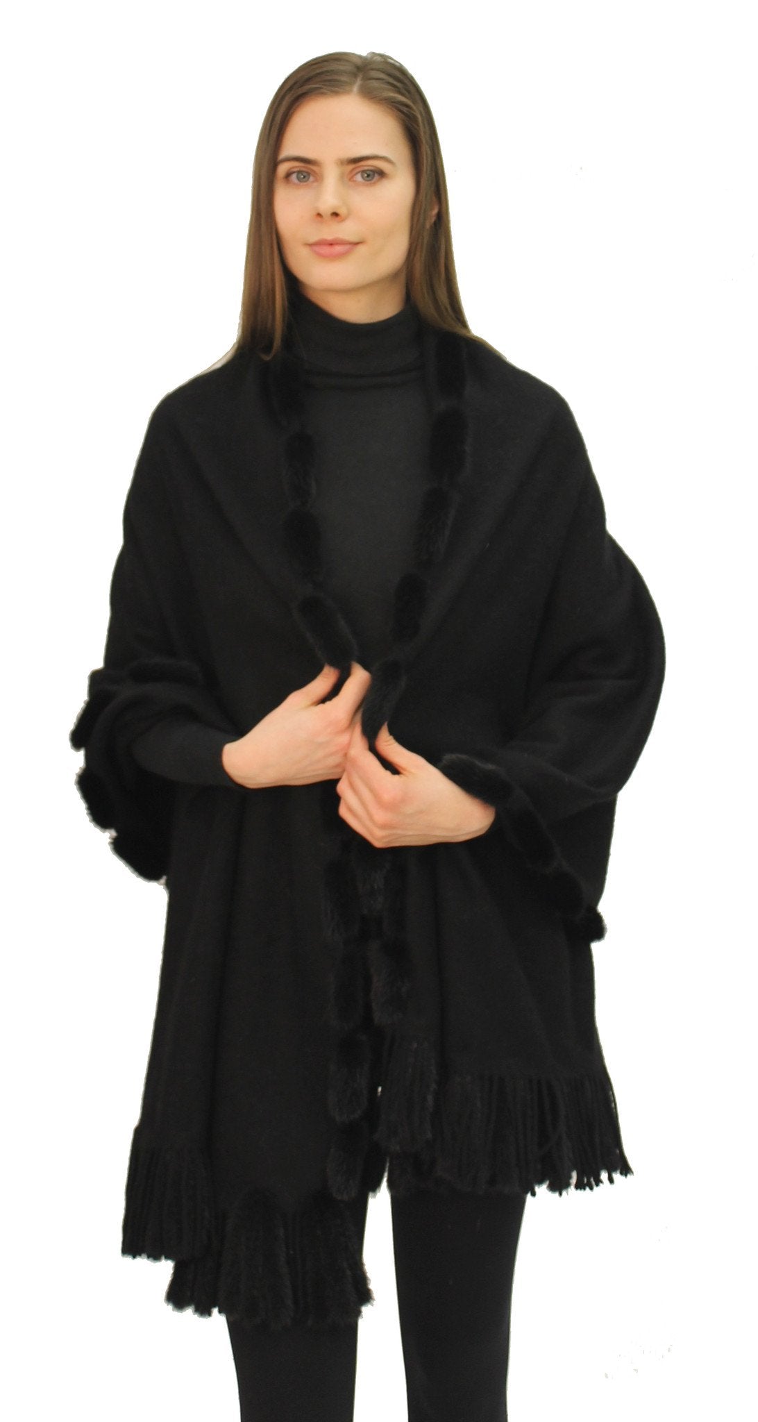 WILTON - 100% Cashmere Wrap with Mink Trim and Fringe
