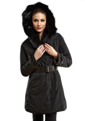 KAMEN - Microfabric Down Coat with Fox Hood and Belt