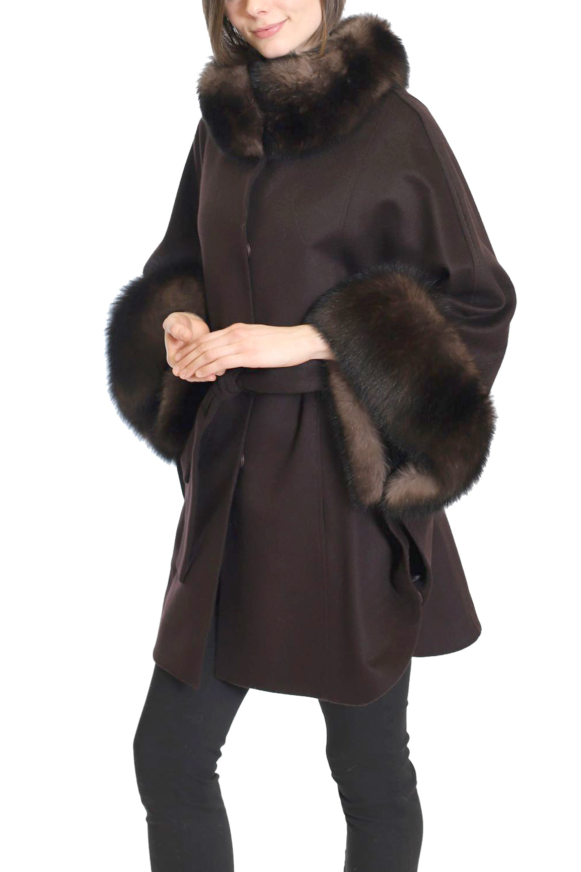 MONTREAL - Cashmere Blend Cape Coat with Fox Collar and Cuffs