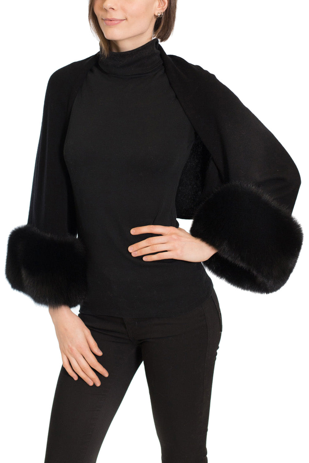 DAVENPORT - Cashmere Blend Shrug with Fox Cuffs