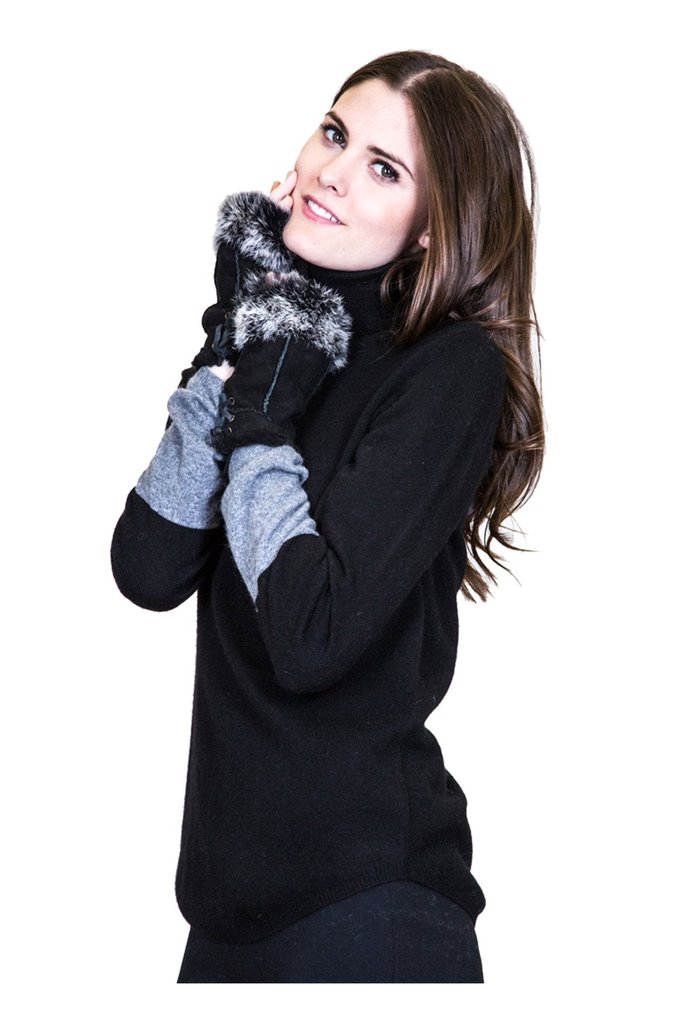 TARAZ - Shearling Fingerless Gloves with Rabbit Trim