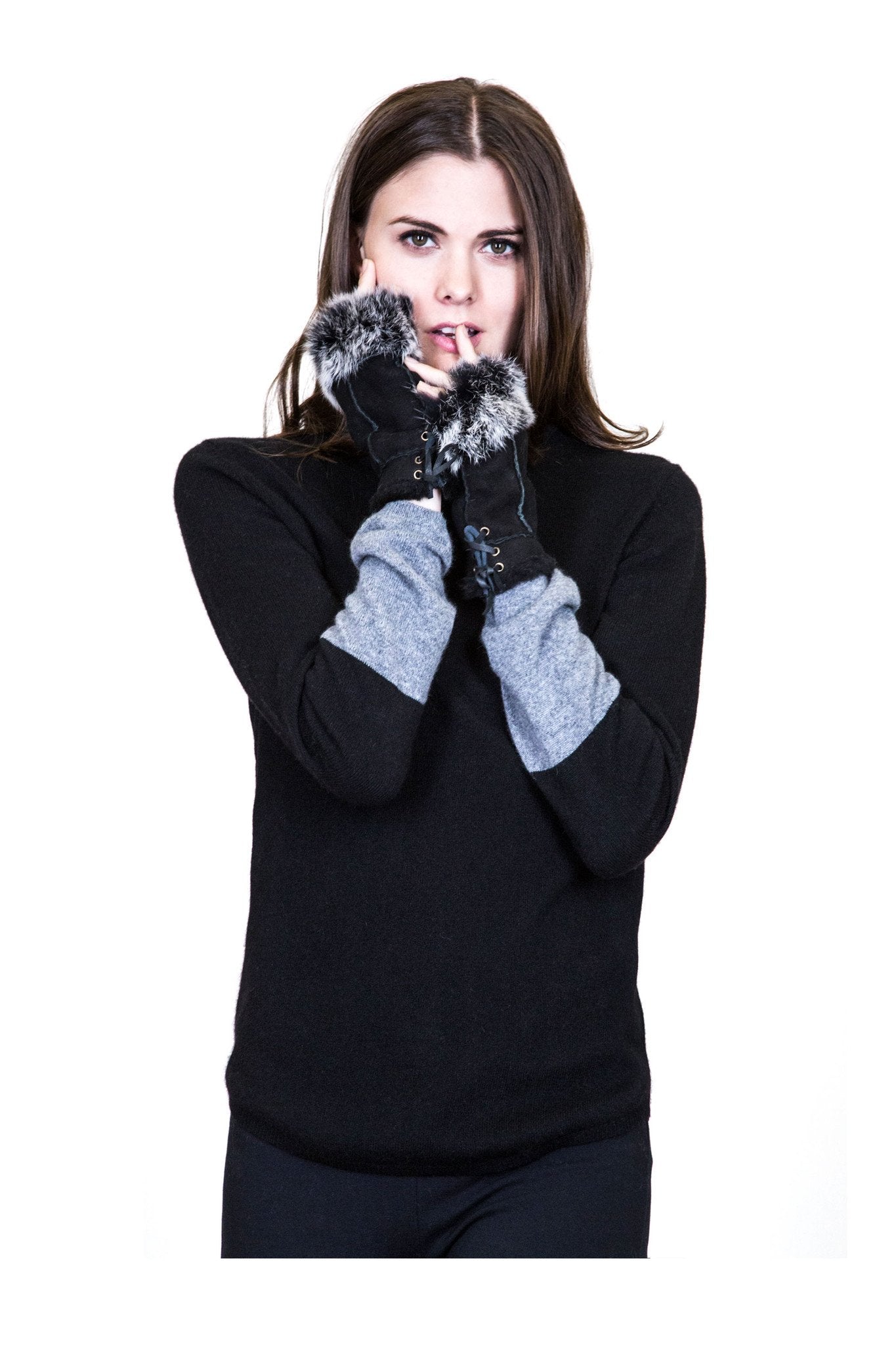 TARAZ - Shearling Fingerless Gloves with Rabbit Trim