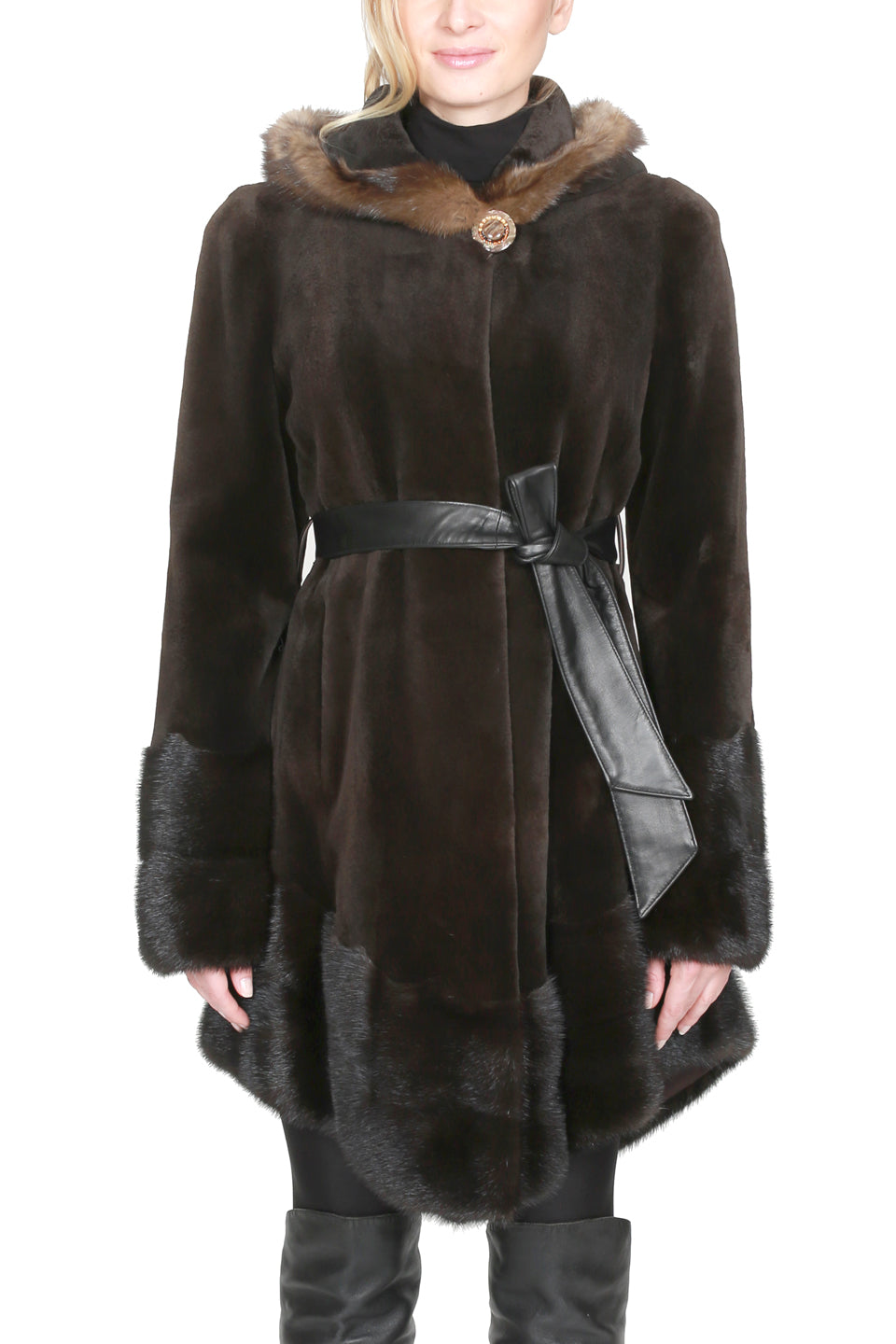 Darkhan- Sheared Mink Coat with Waist Belt and Unsheared Mink Trim