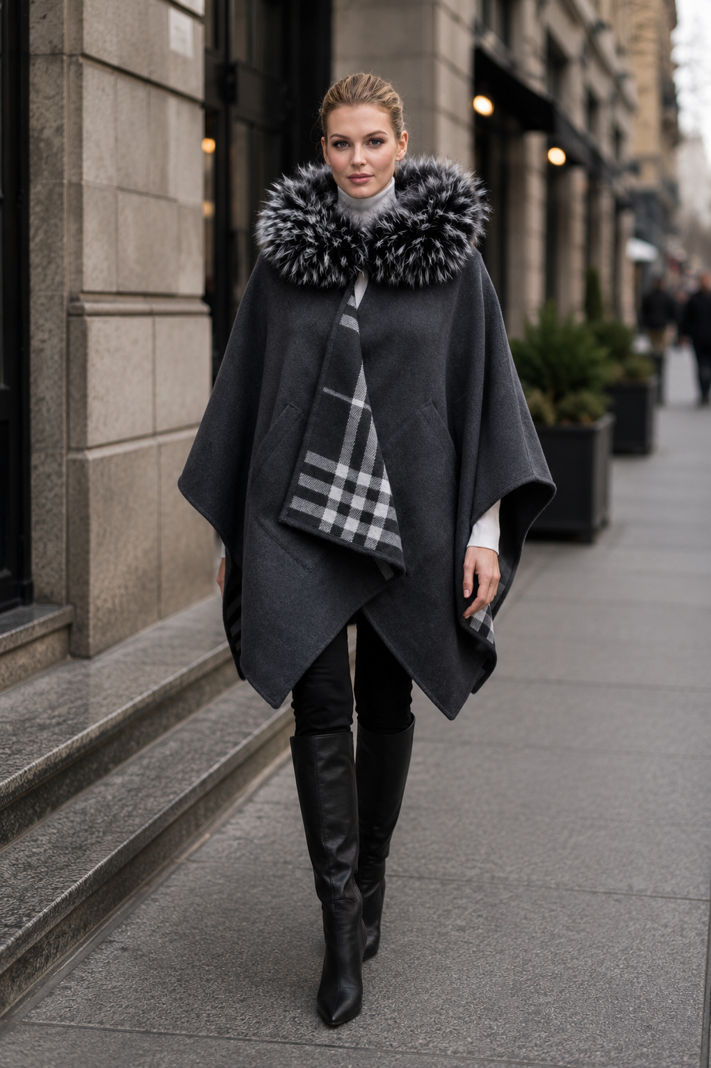 Gstaad- Double-Faced Wool Poncho with Faux Fox Trim Hood