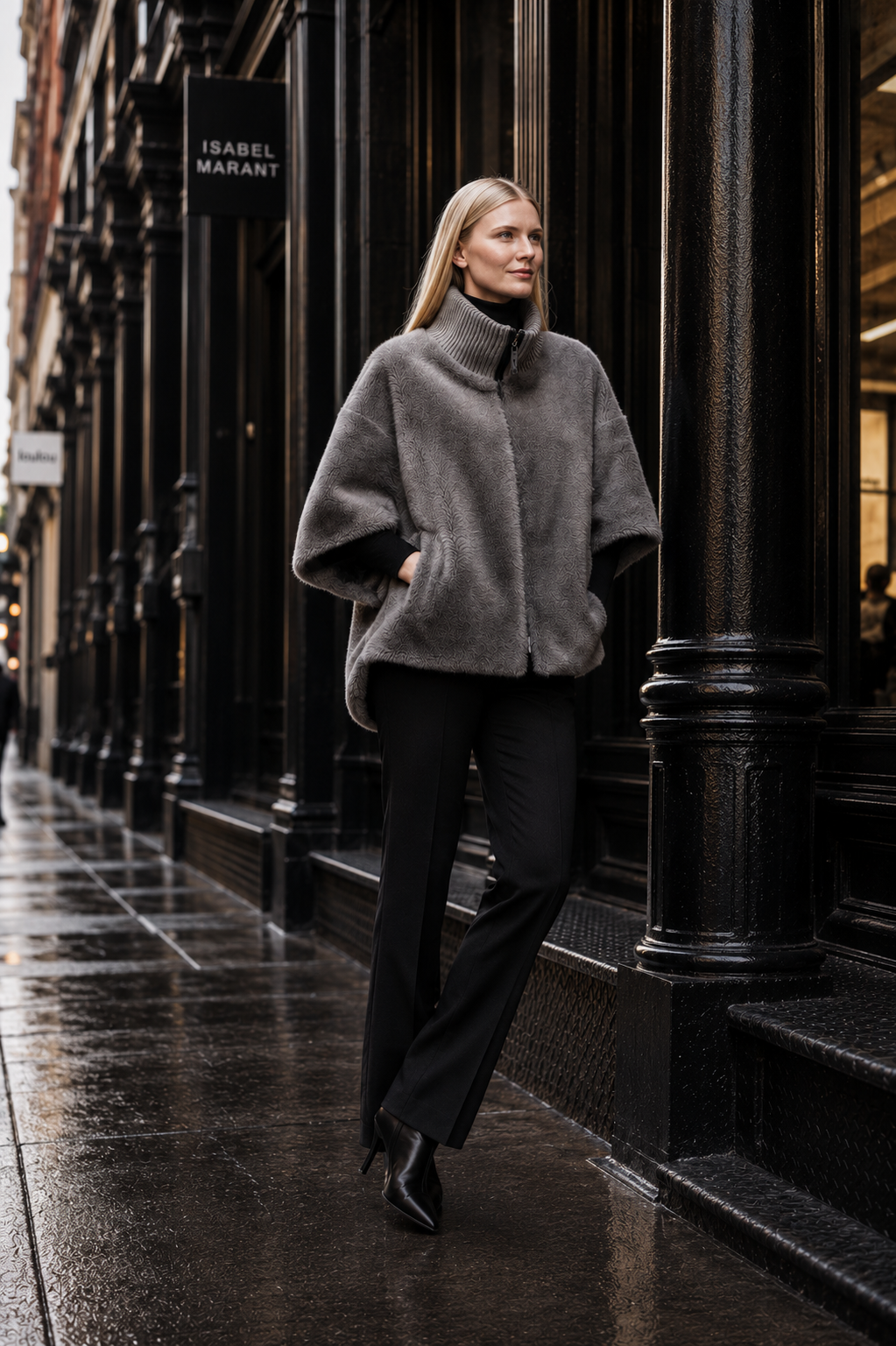 Sunnydale - Reversible Faux Mink Cape Jacket with Ribbed Collar