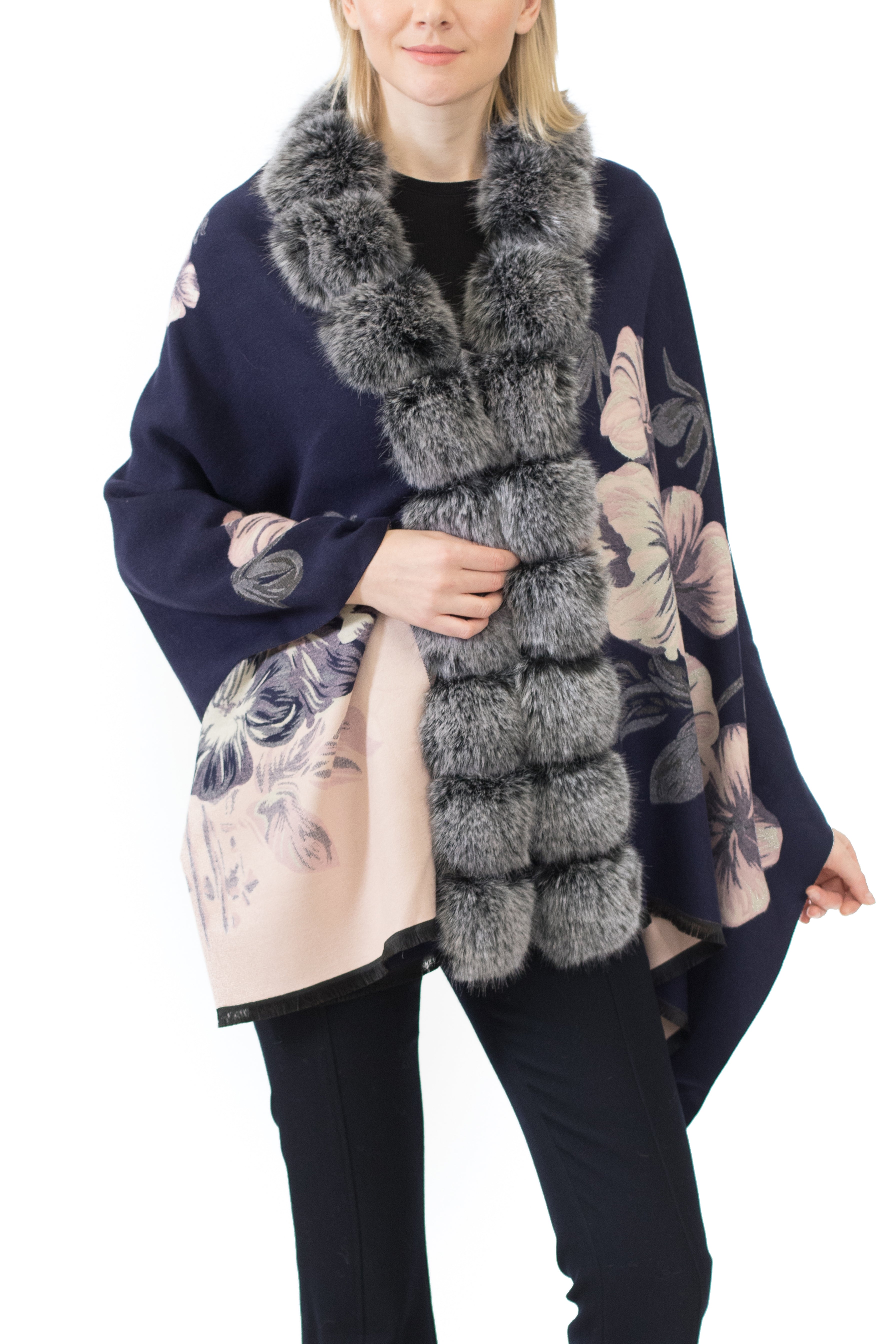 BOGOTA - Patterned Cashmere Wrap with Pom-Pom Trim