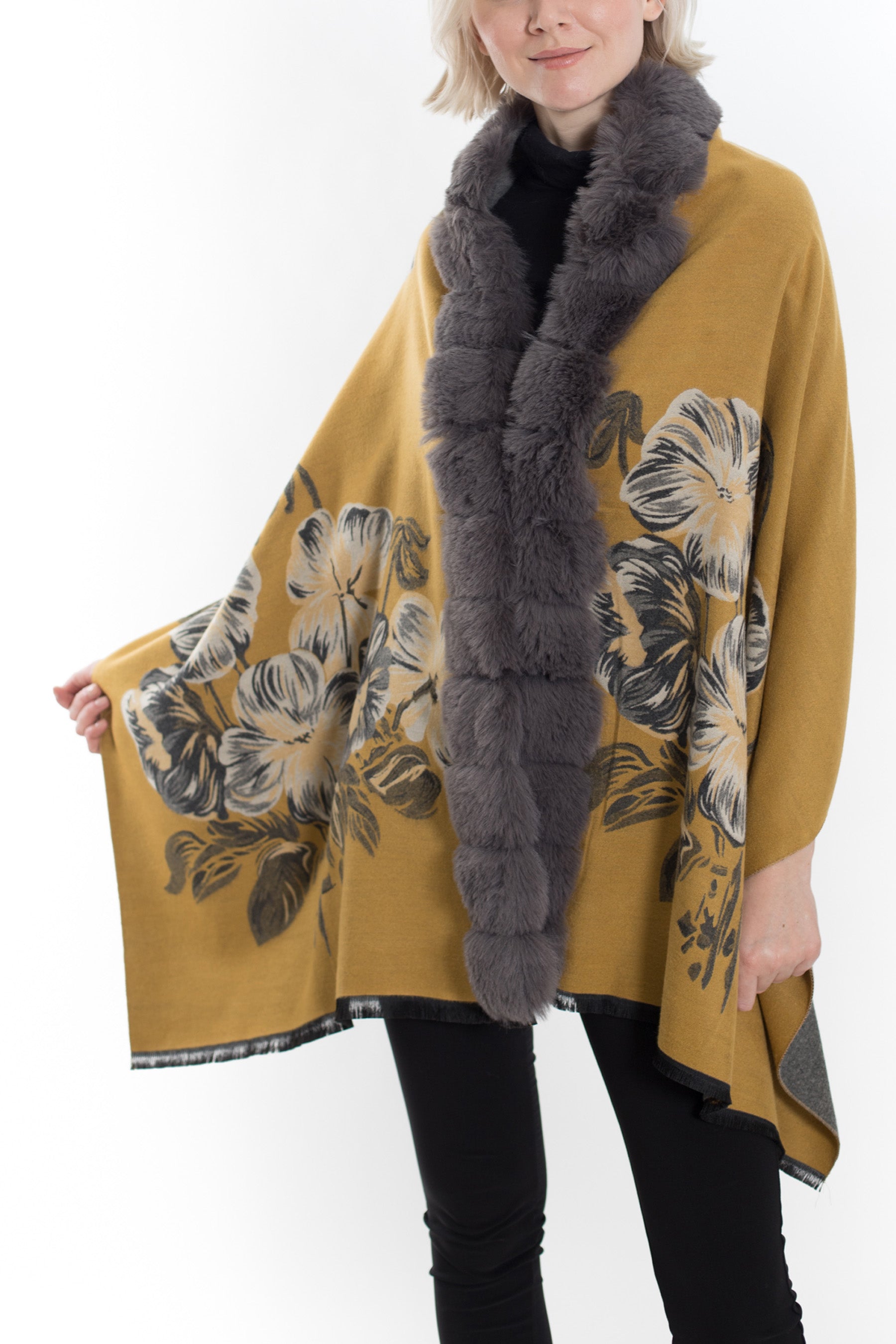 BOGOTA - Patterned Cashmere Wrap with Pom-Pom Trim