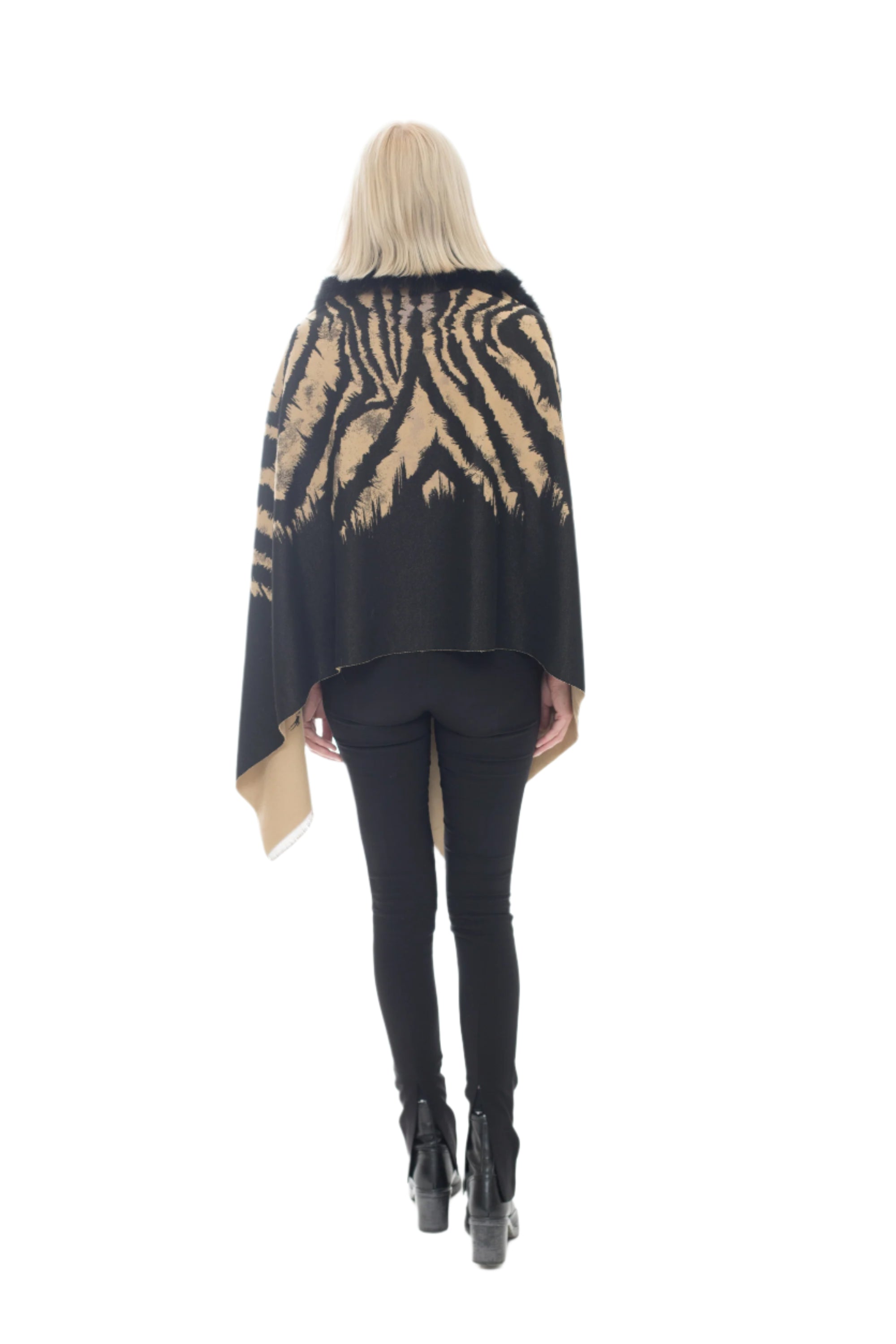 Wool Blend Pattern Wrap with Faux Fur Trim