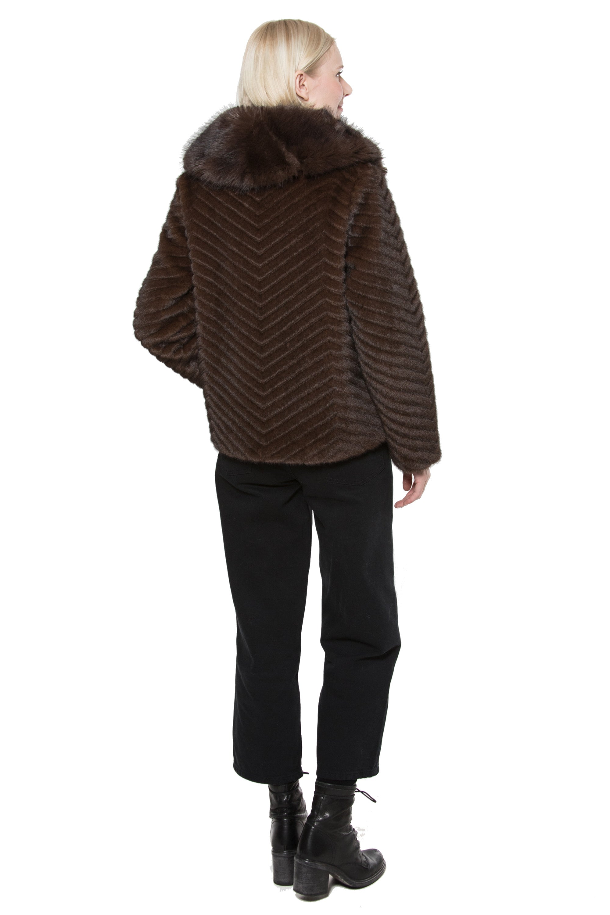 Wintermere - Faux Fur Jacket with Chevron Pattern and Oversized Fox Collar