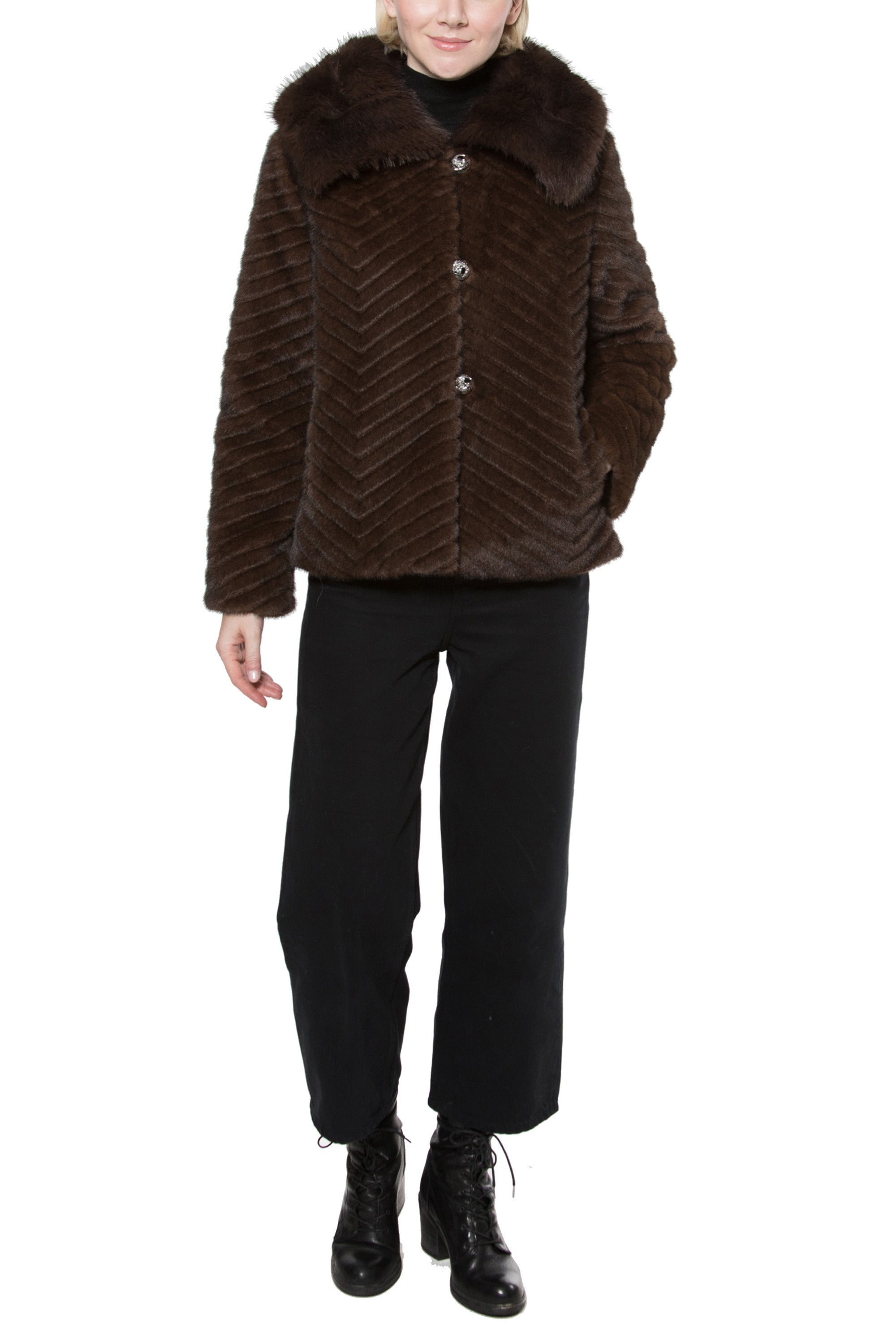 Wintermere - Faux Fur Jacket with Chevron Pattern and Oversized Fox Collar