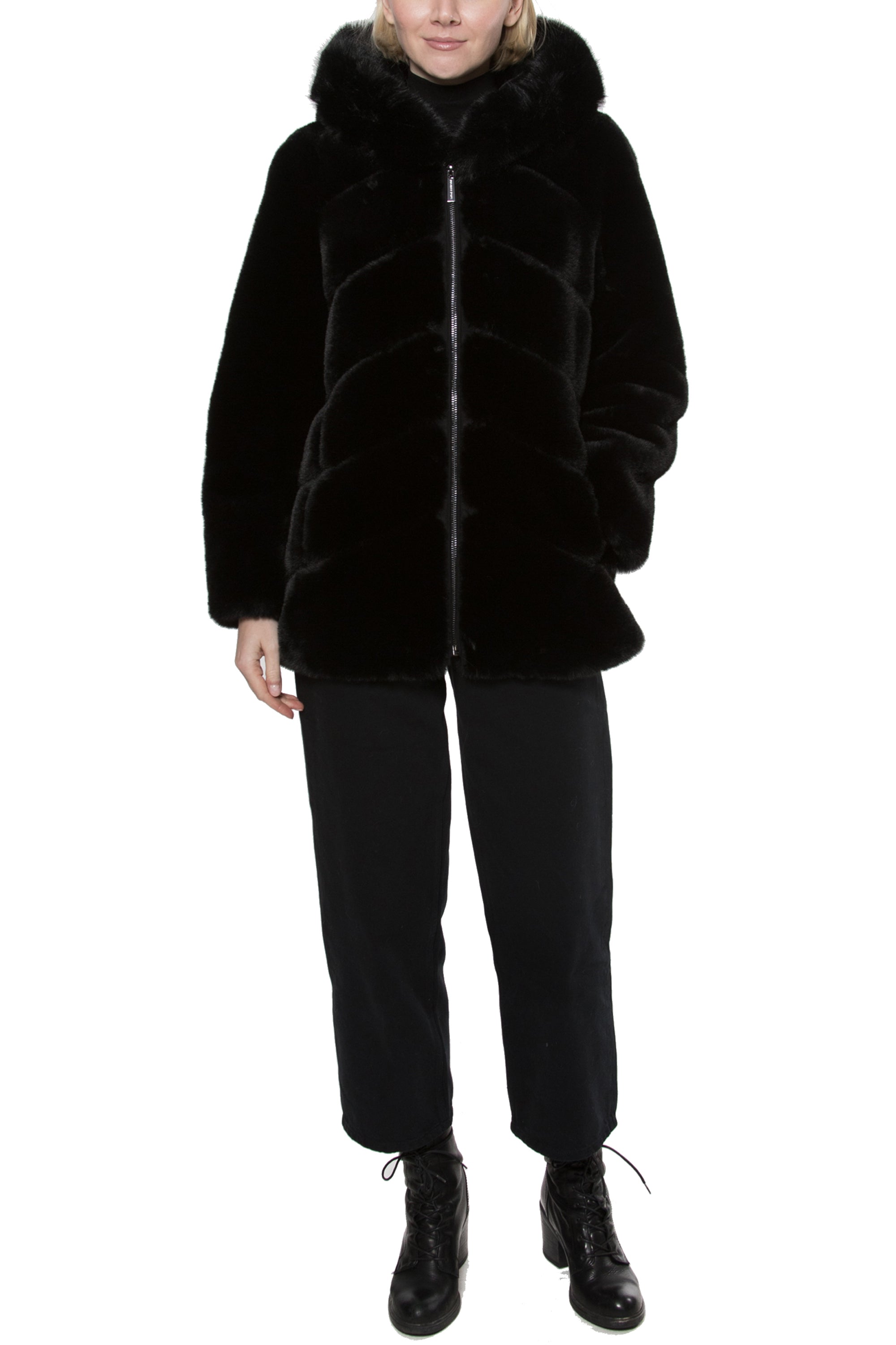 VALLETTA - Chevron Faux Fur Hooded Jacket