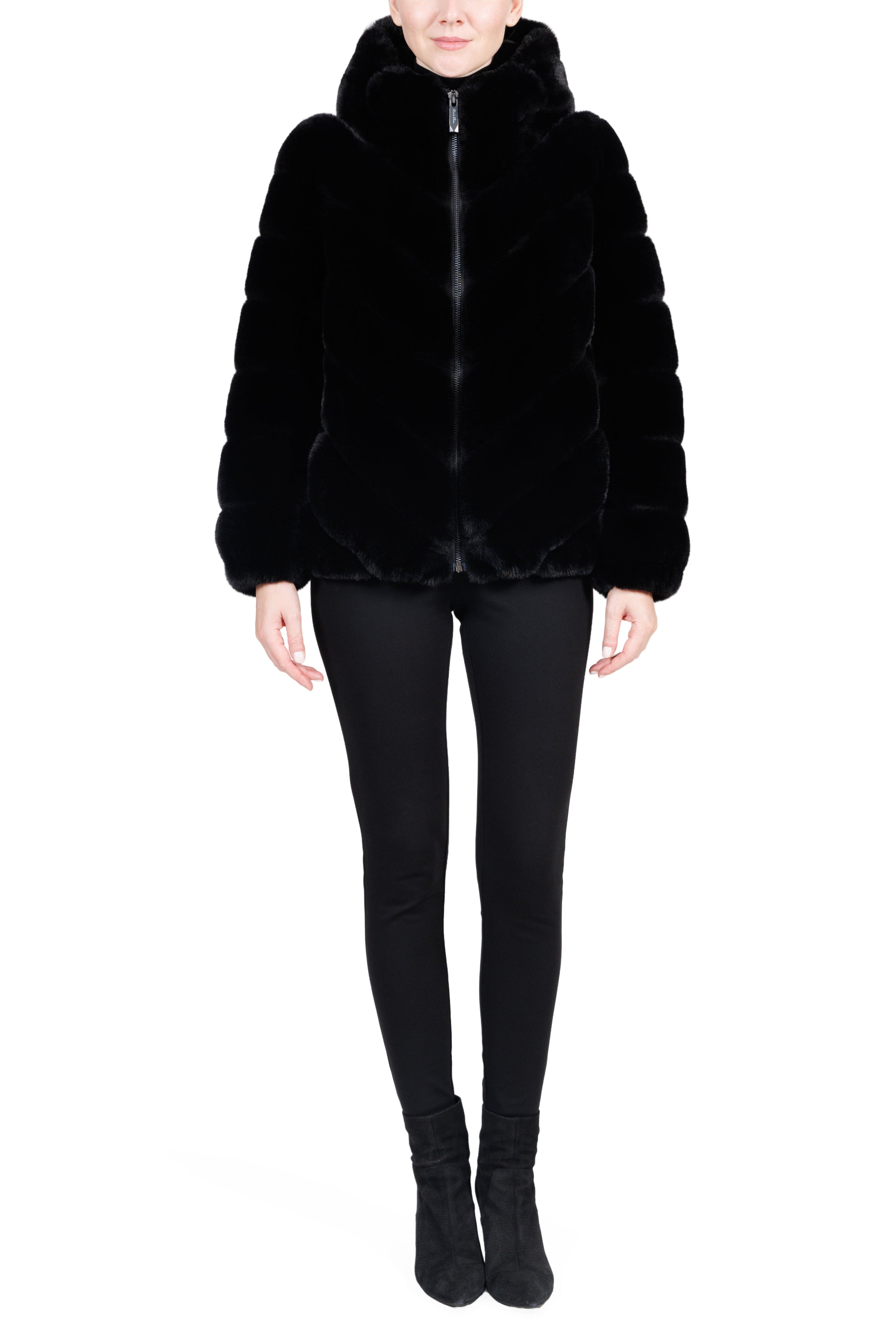 SOHO - Chevron Faux Fur Hooded Jacket