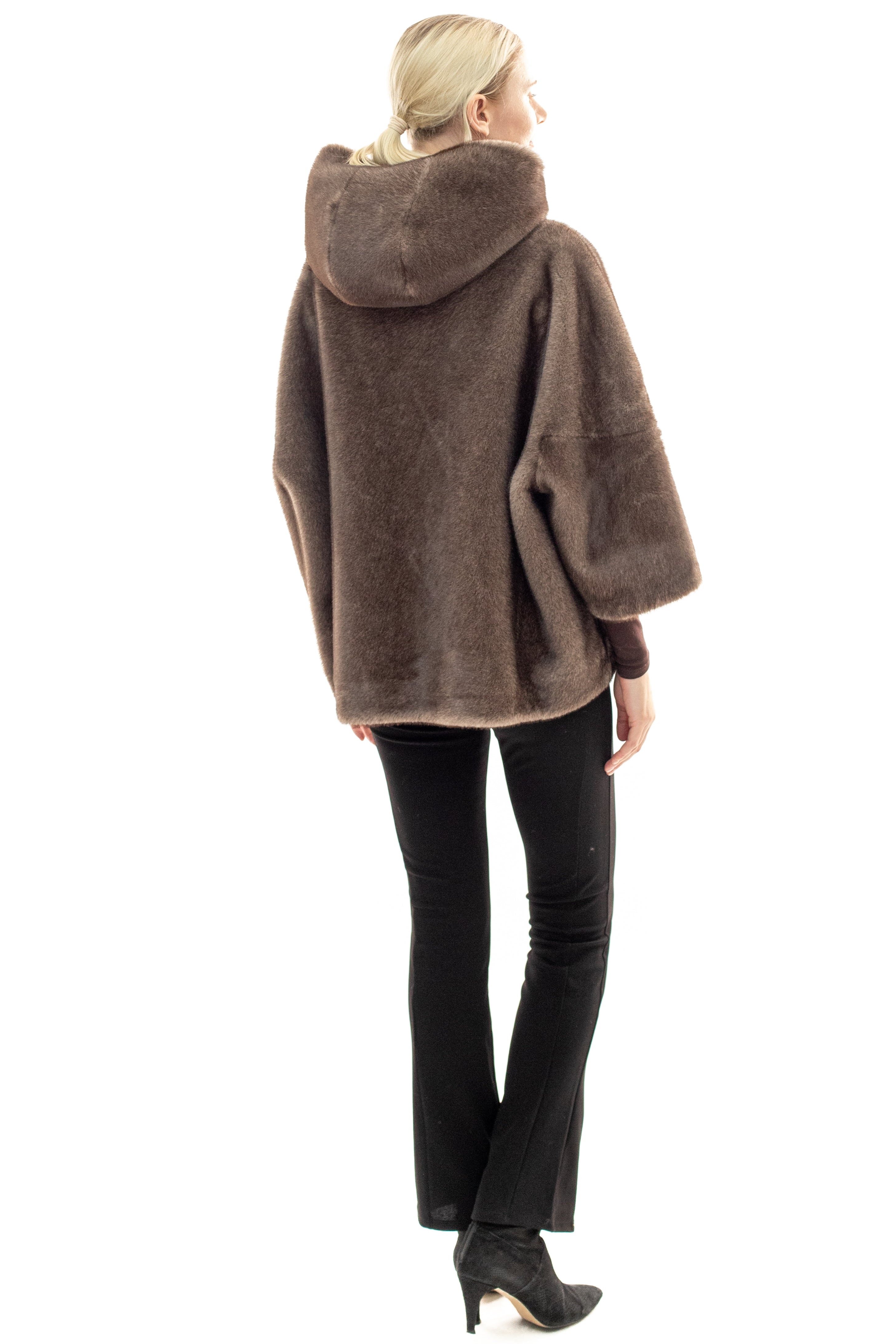 BRAM - Faux mink hooded cape jacket with 3/4 sleeves
