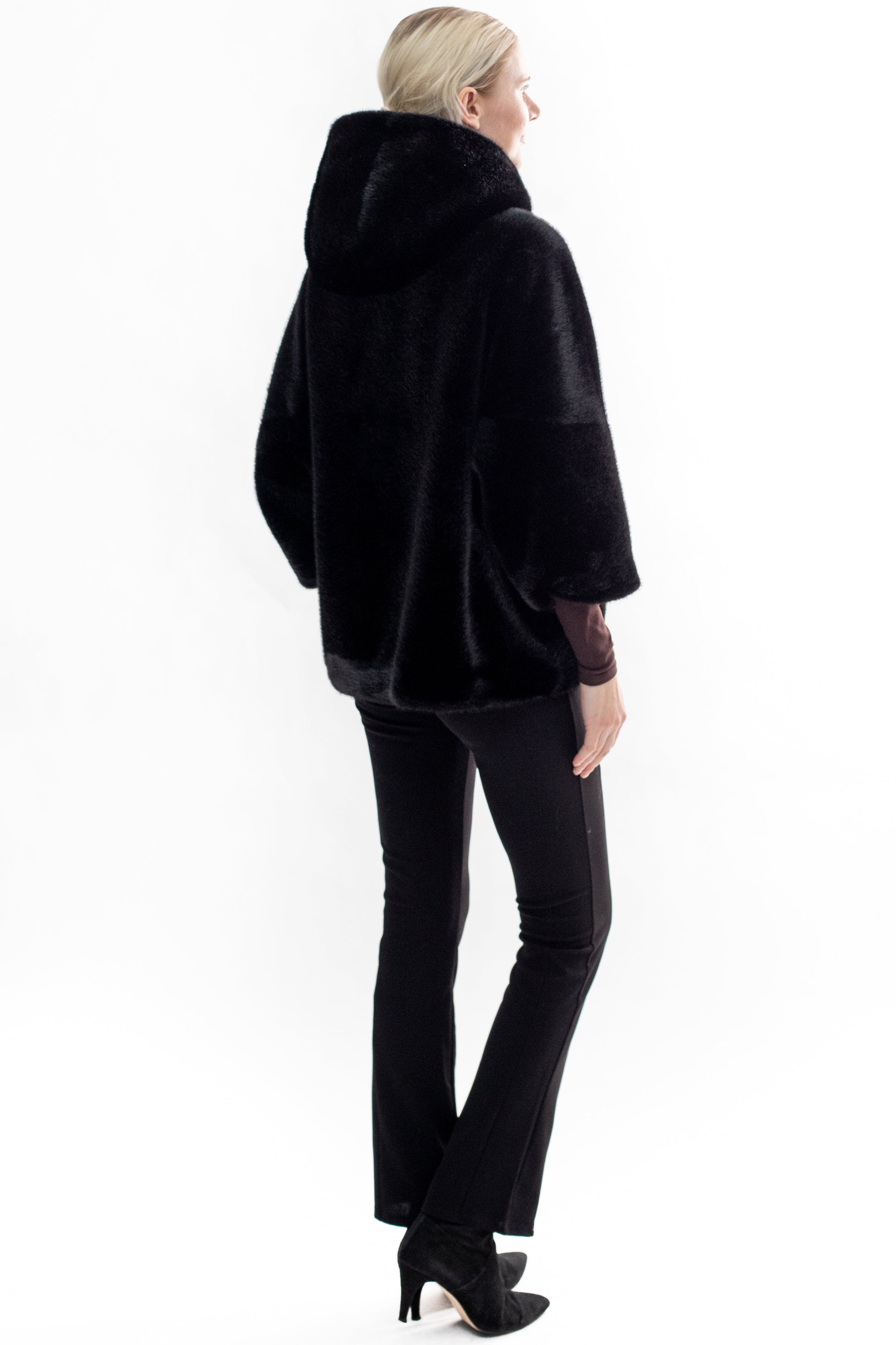 BRAM - Faux mink hooded cape jacket with 3/4 sleeves
