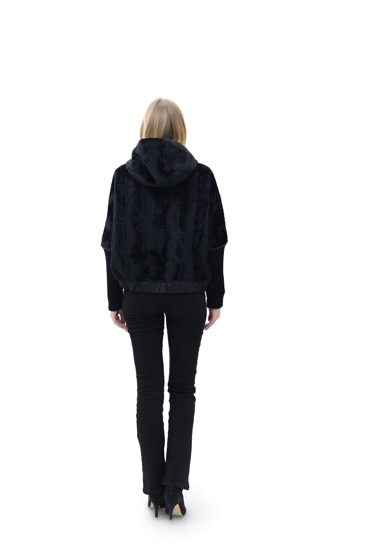Monaco- Reversible Hooded Faux Fur Bomber Jacket with Ribbed Knit Sleeves