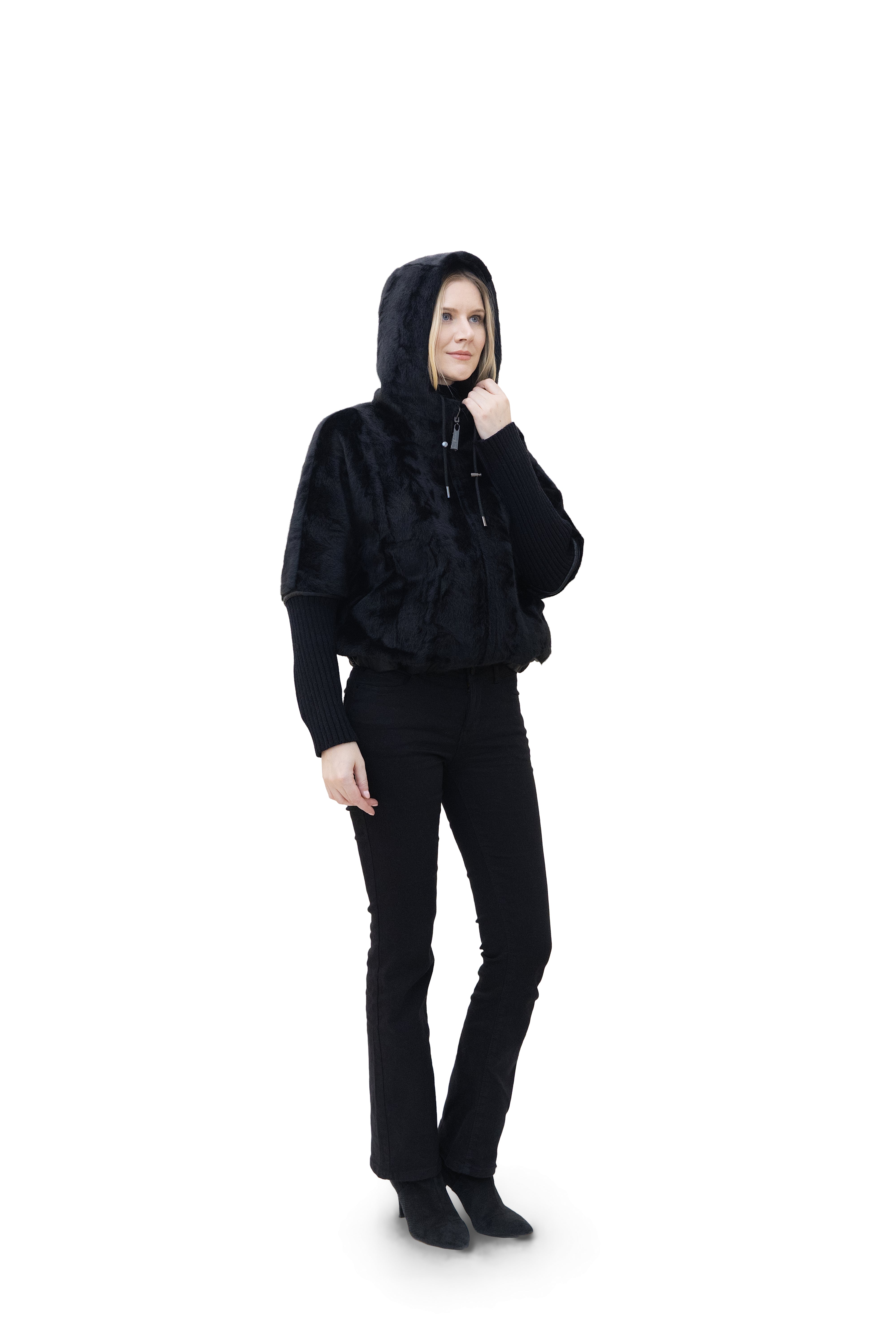 Monaco- Reversible Hooded Faux Fur Bomber Jacket with Ribbed Knit Sleeves
