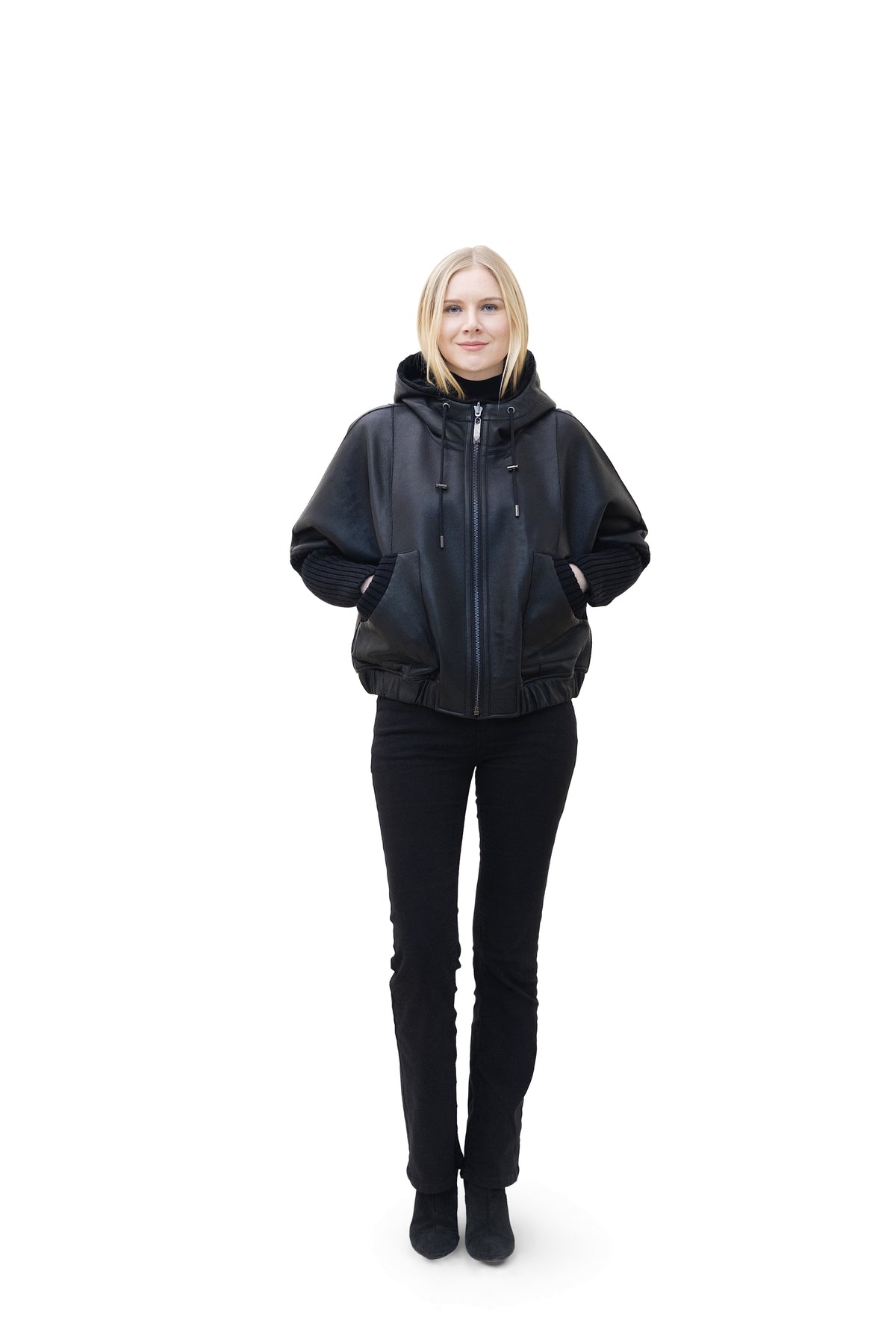 Monaco- Reversible Hooded Faux Fur Bomber Jacket with Ribbed Knit Sleeves