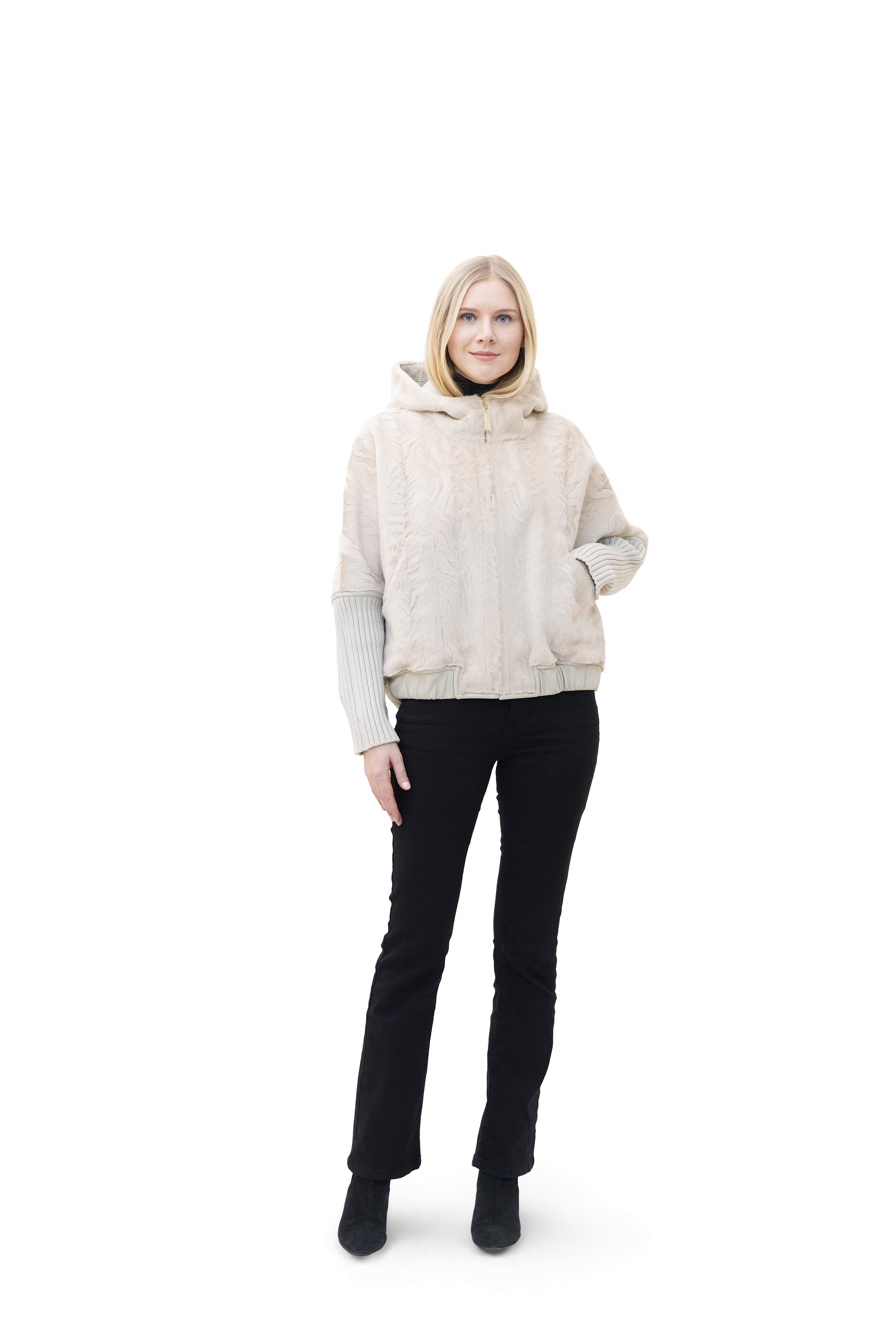 Monaco- Reversible Hooded Faux Fur Bomber Jacket with Ribbed Knit Sleeves