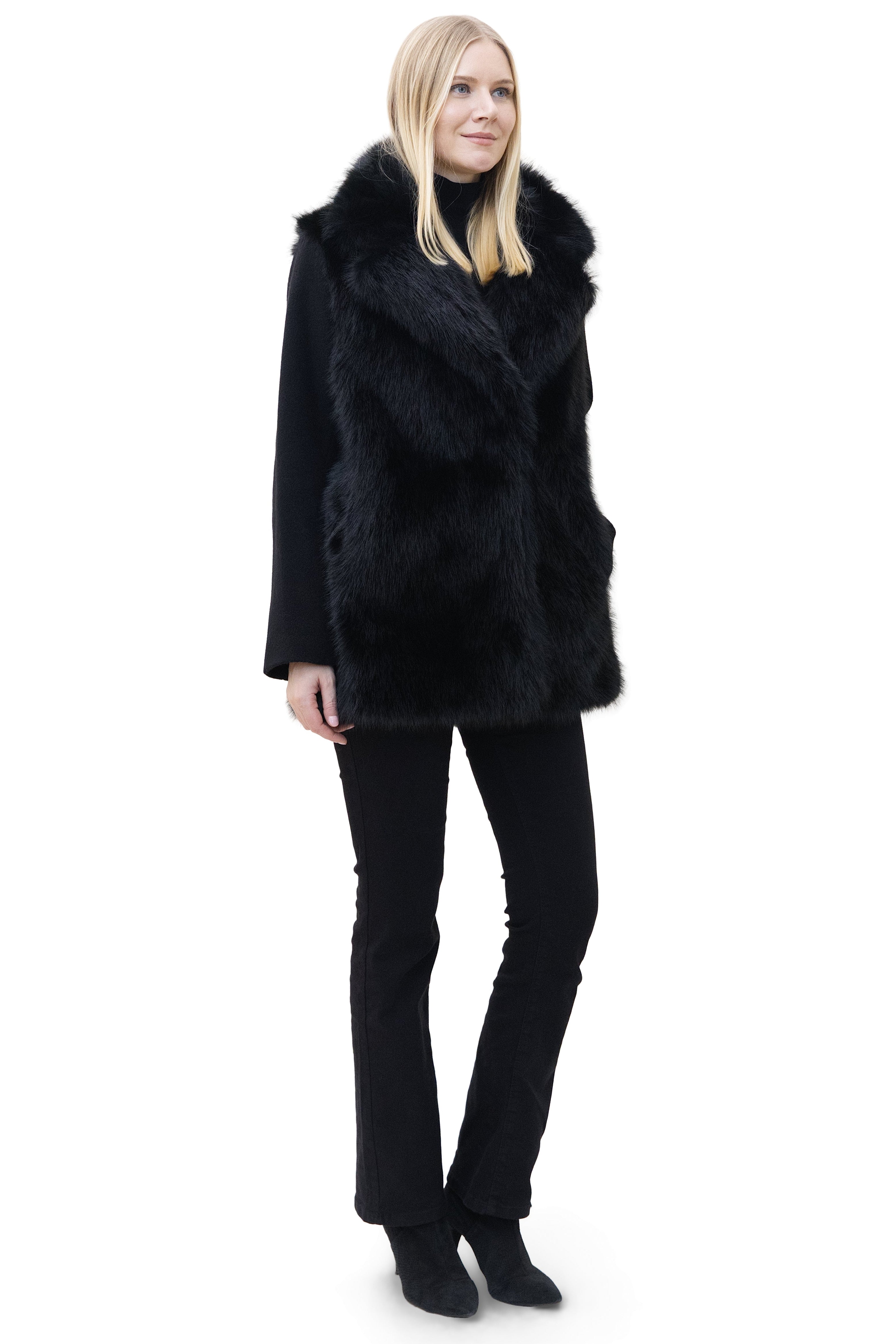 Megeve- Faux Fox Coat with Wool Sleeves