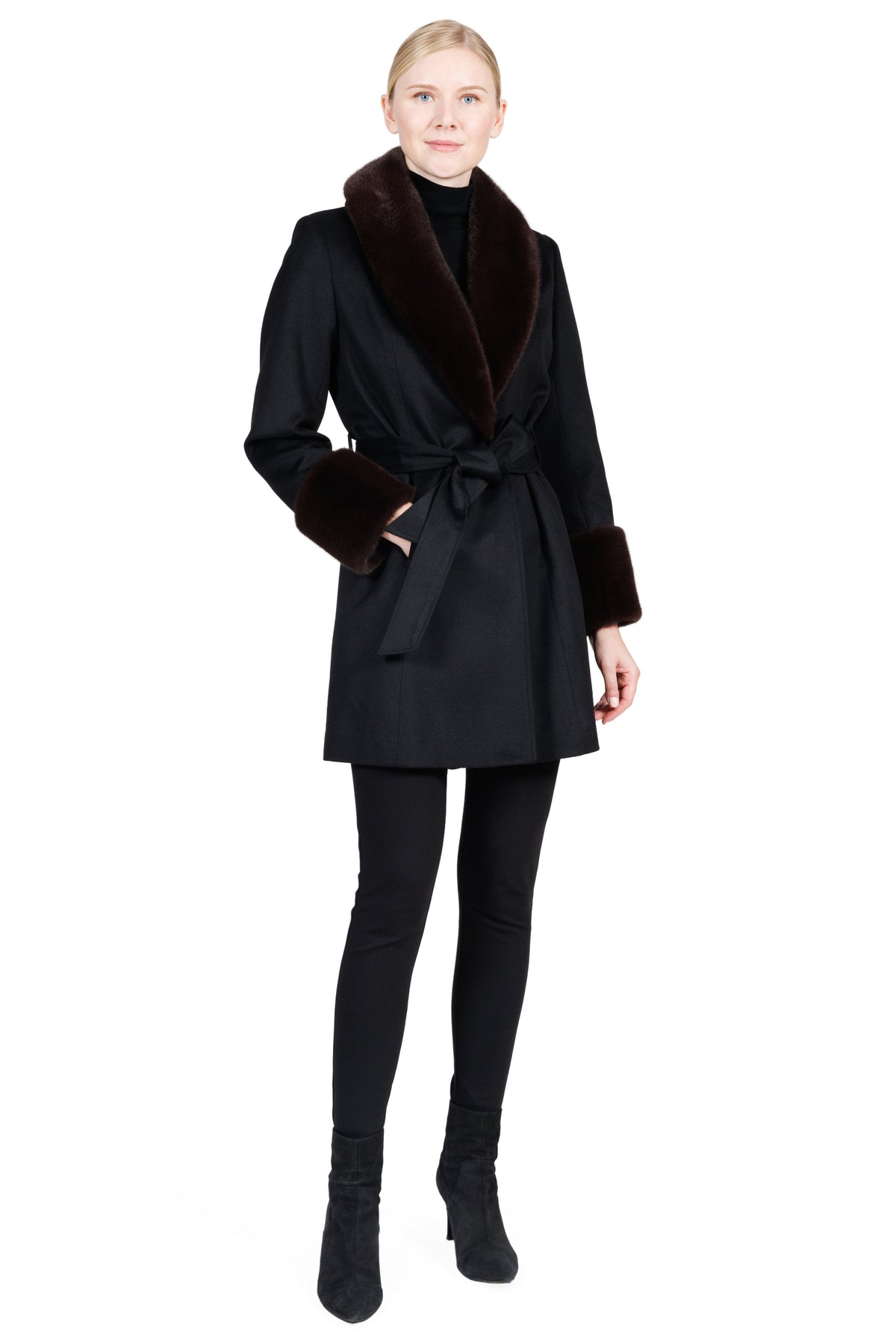 Inara- Cashmere Belted Stroller Coat with Faux Mink Trim