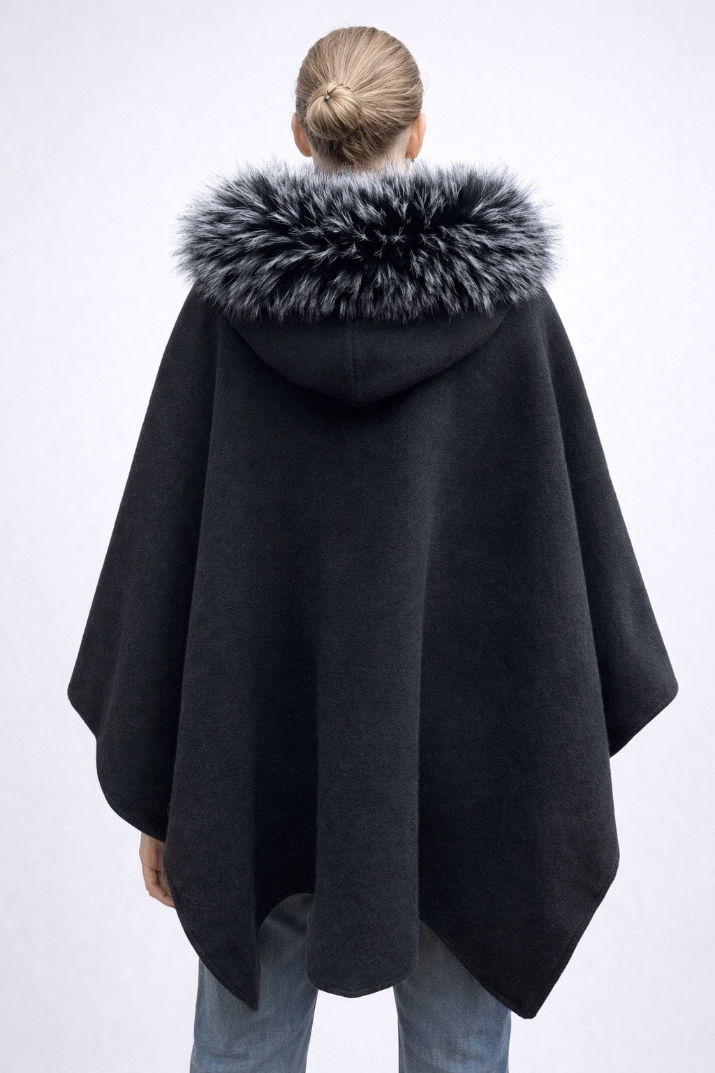 Gstaad- Double-Faced Wool Poncho with Faux Fox Trim Hood