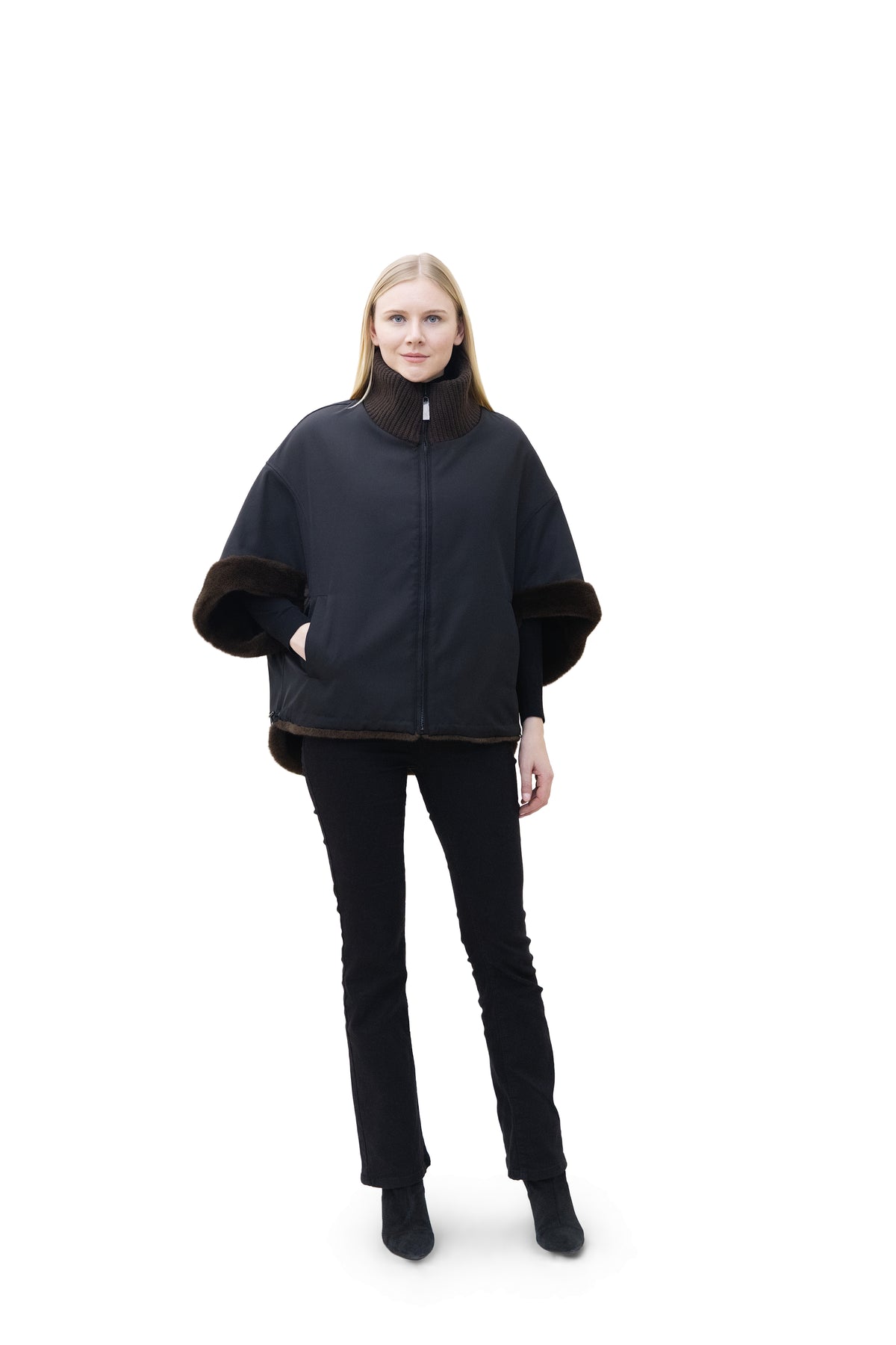 Sunnydale - Reversible Faux Mink Cape Jacket with Ribbed Collar